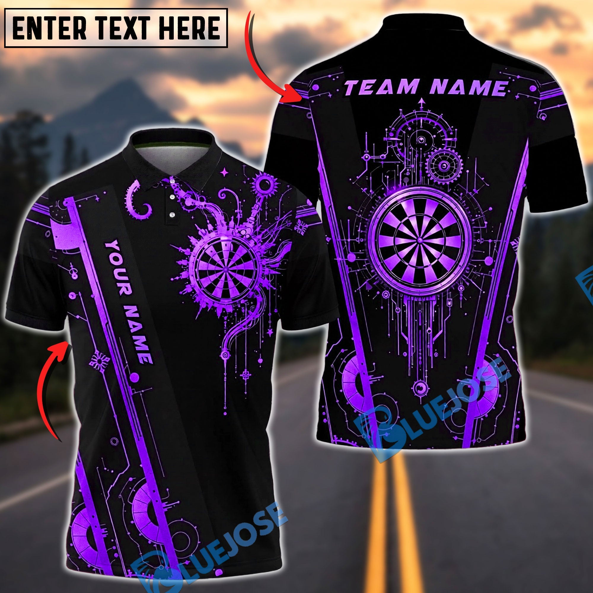 BlueJose Darts Futuristic Tech Circuit Neon Target Cool Gamer Style Personalized Name, Team Name Unisex Shirt (6 Colors)
