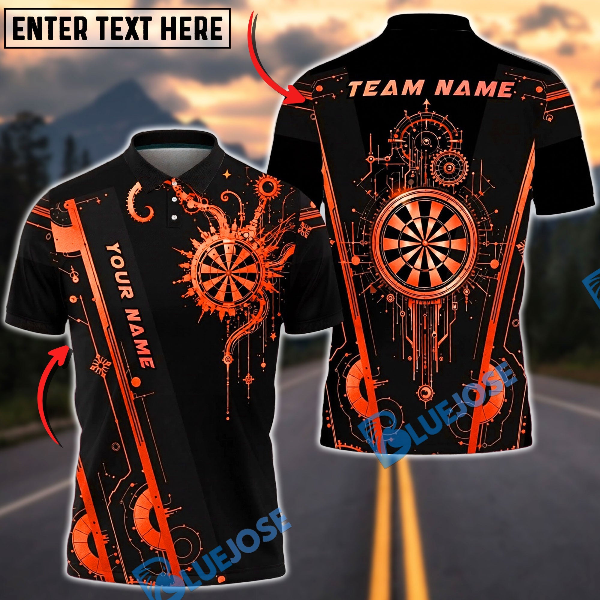 BlueJose Darts Futuristic Tech Circuit Neon Target Cool Gamer Style Personalized Name, Team Name Unisex Shirt (6 Colors)