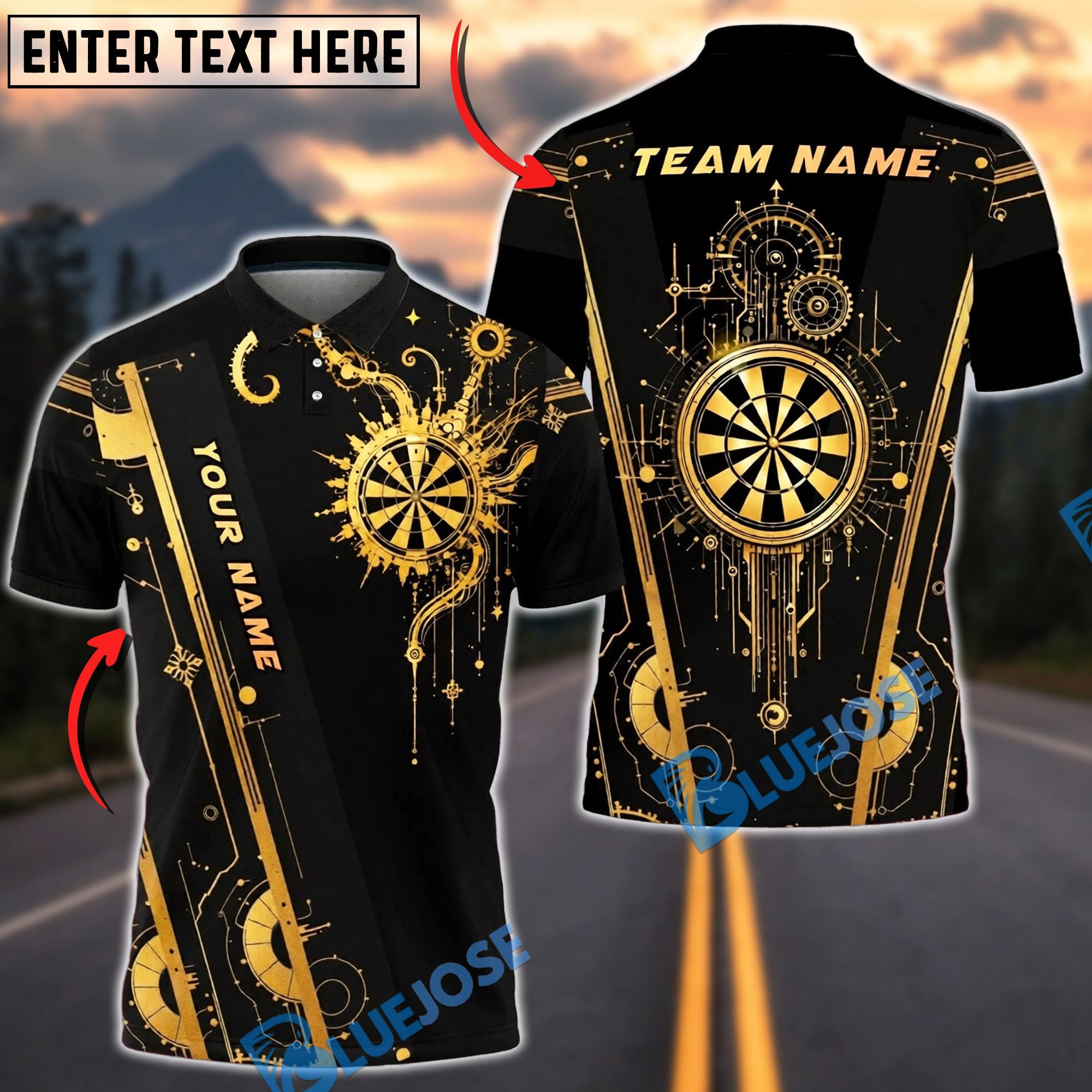 BlueJose Darts Futuristic Tech Circuit Neon Target Cool Gamer Style Personalized Name, Team Name Unisex Shirt (6 Colors)
