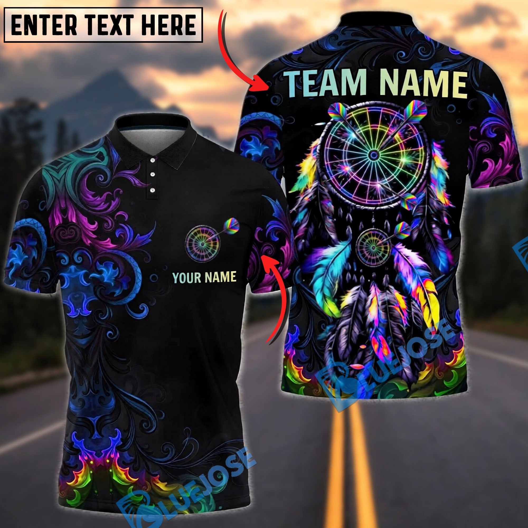 BlueJose Darts Colorful Dreamcatcher Neon Tribal Dartboard Target Personalized Name, Team Name Unisex Shirt (4 Colors)