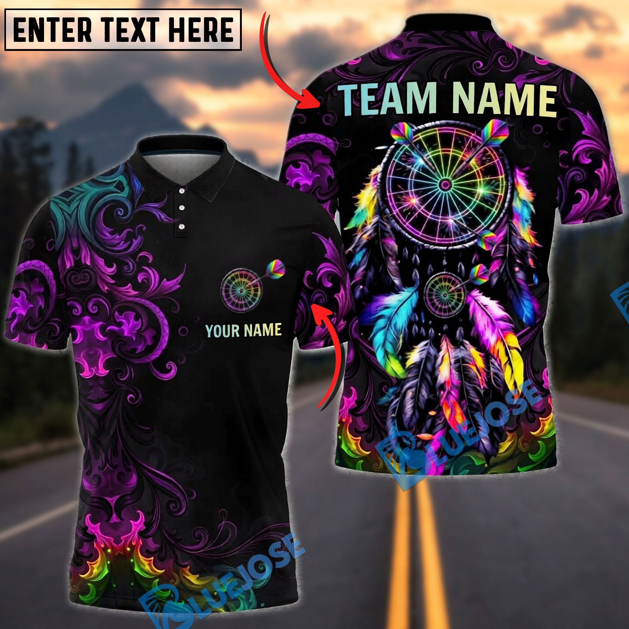 BlueJose Darts Colorful Dreamcatcher Neon Tribal Dartboard Target Personalized Name, Team Name Unisex Shirt (4 Colors)