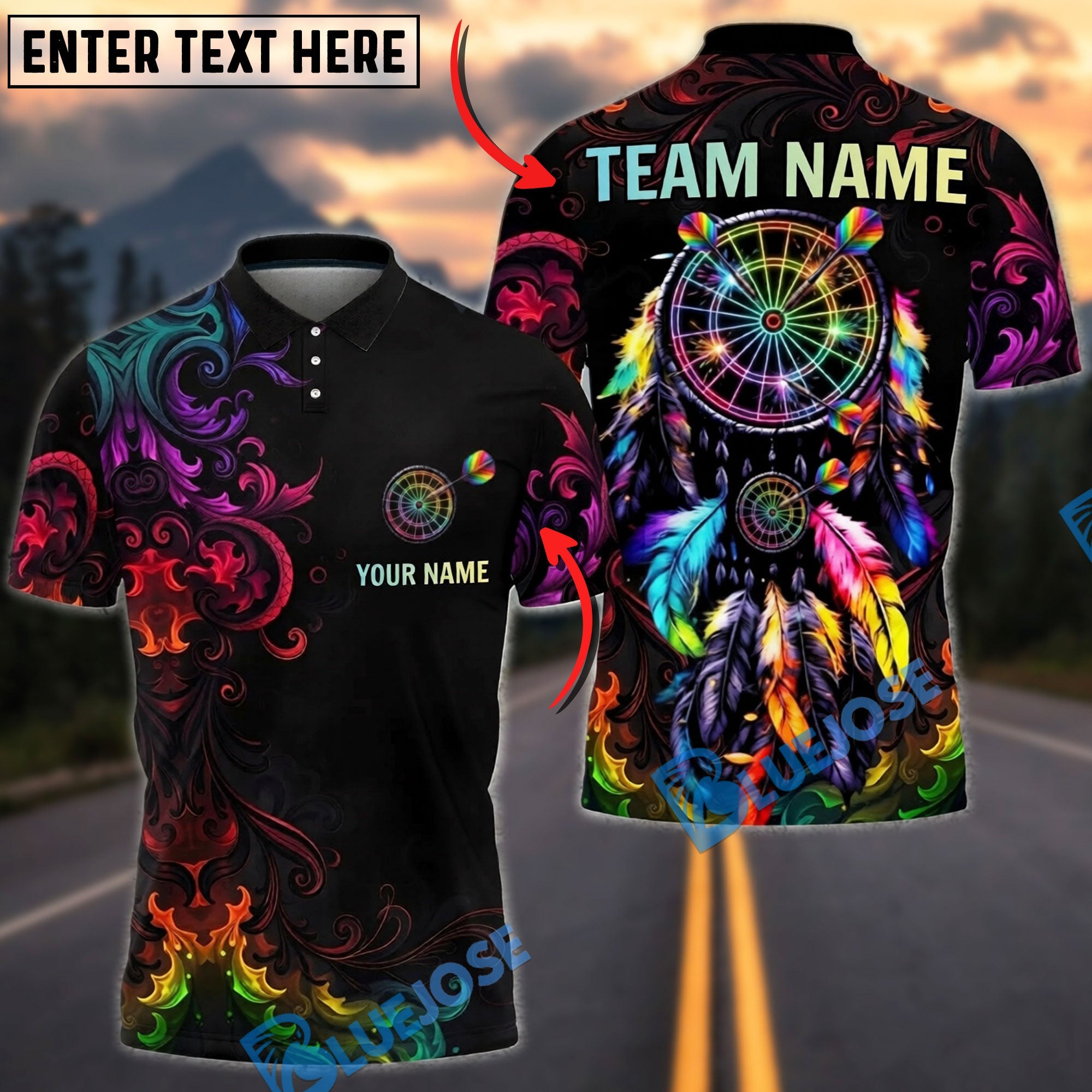 BlueJose Darts Colorful Dreamcatcher Neon Tribal Dartboard Target Personalized Name, Team Name Unisex Shirt (4 Colors)
