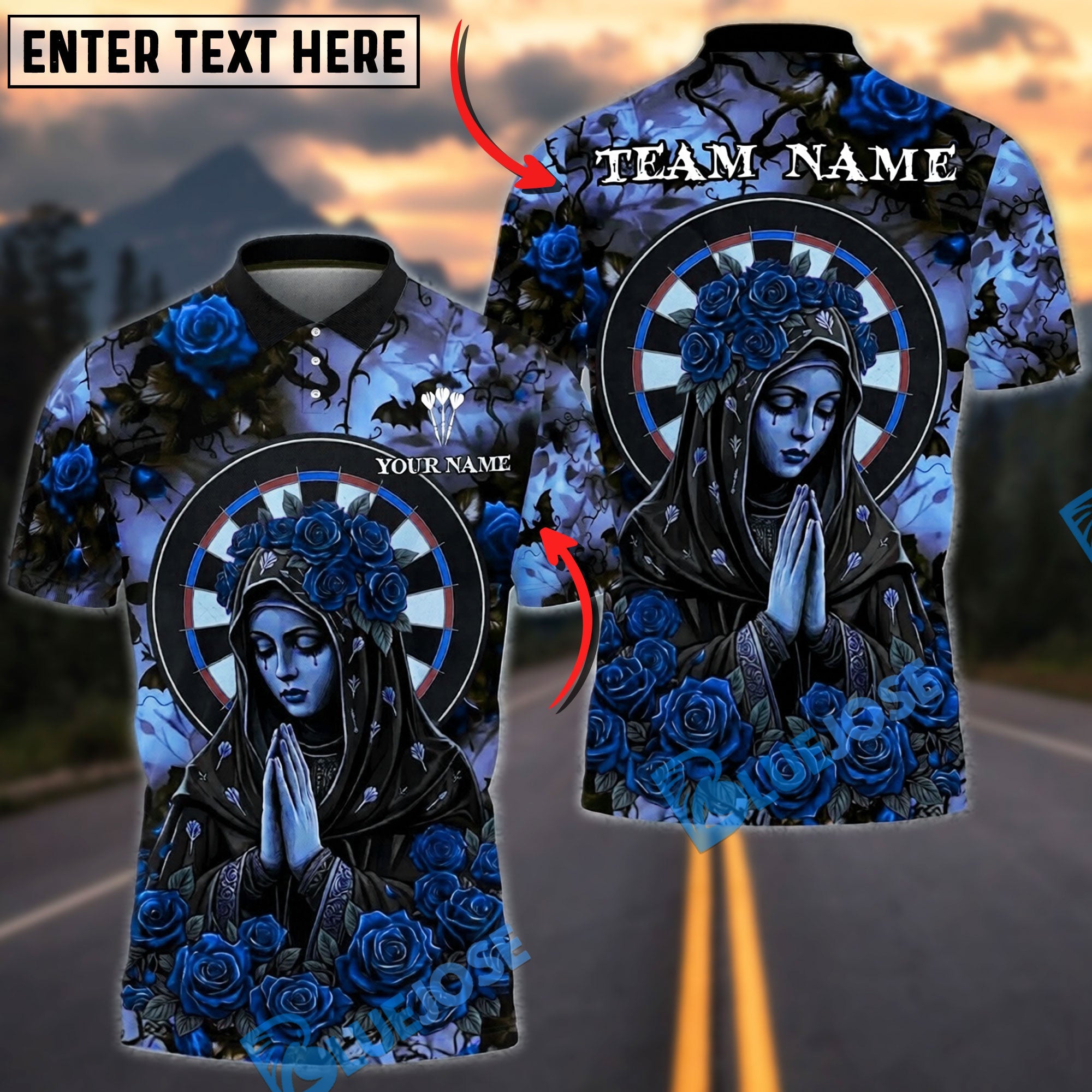 BlueJose Darts Gothic Rose Virgin Mary Halo Dark Art Personalized Name, Team Name Unisex Shirt (4 Colors)
