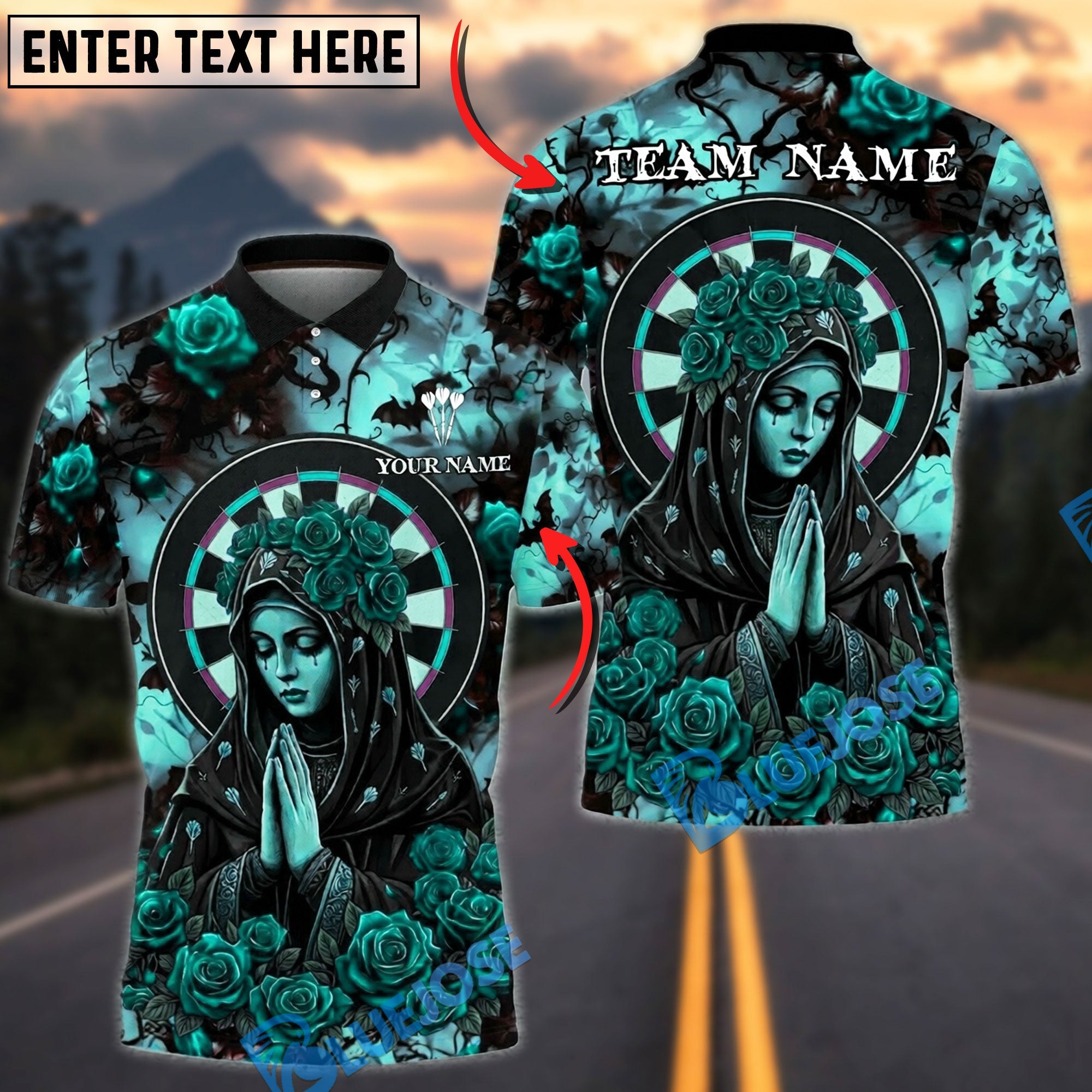 BlueJose Darts Gothic Rose Virgin Mary Halo Dark Art Personalized Name, Team Name Unisex Shirt (4 Colors)