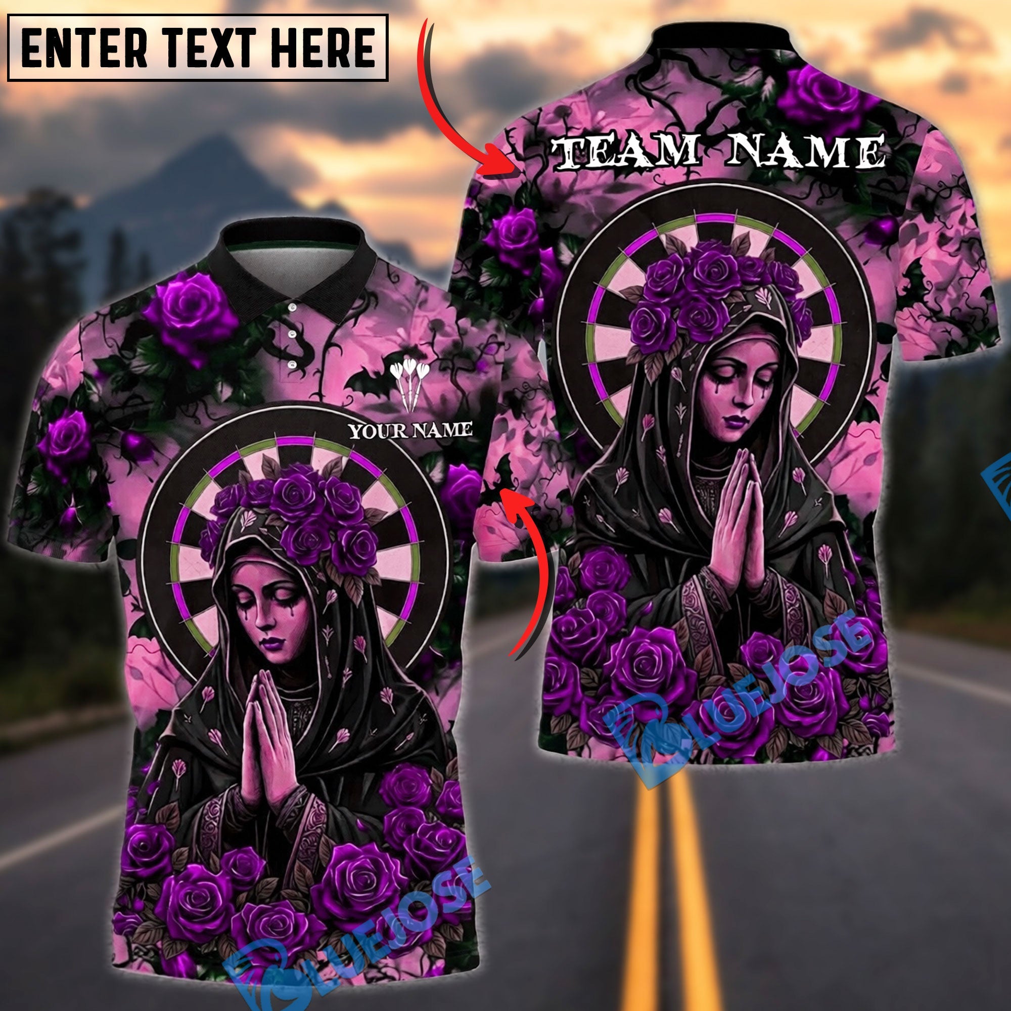 BlueJose Darts Gothic Rose Virgin Mary Halo Dark Art Personalized Name, Team Name Unisex Shirt (4 Colors)
