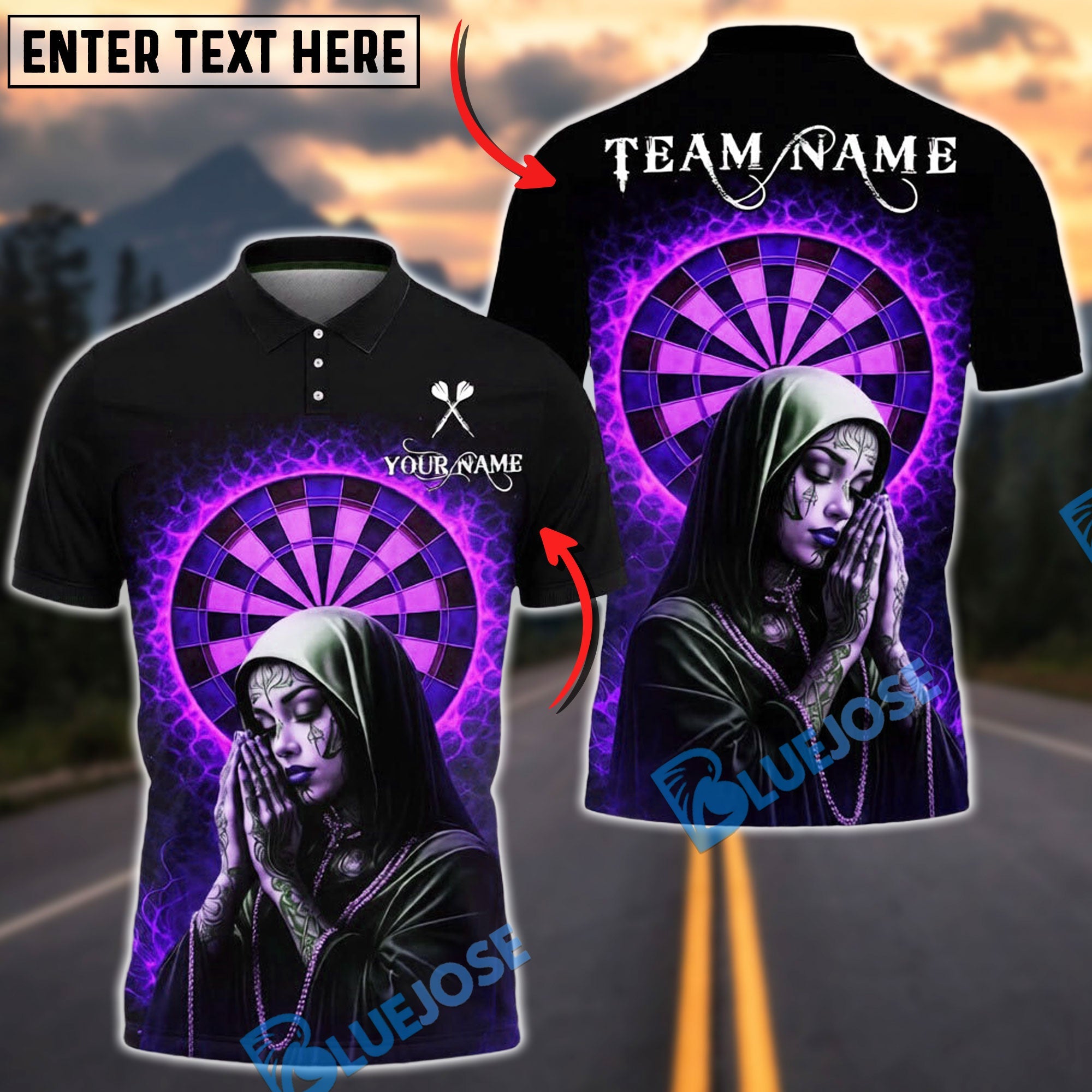 BlueJose Darts Holy Energy Virgin Mary Halo Spiritual Dark Style Personalized Name, Team Name Unisex Shirt (4 Colors)