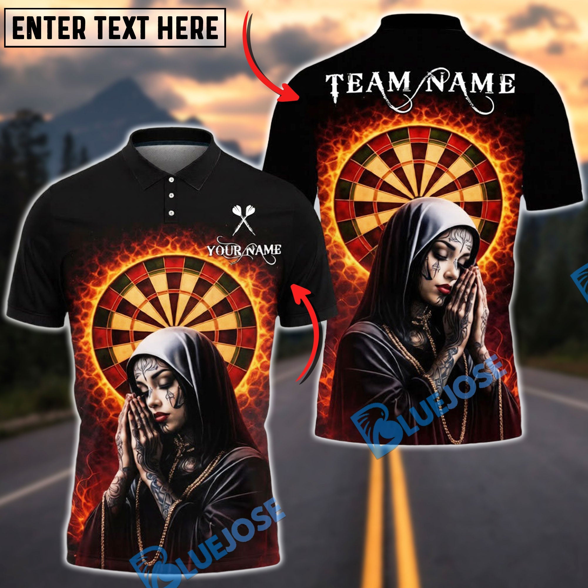 BlueJose Darts Holy Energy Virgin Mary Halo Spiritual Dark Style Personalized Name, Team Name Unisex Shirt (4 Colors)