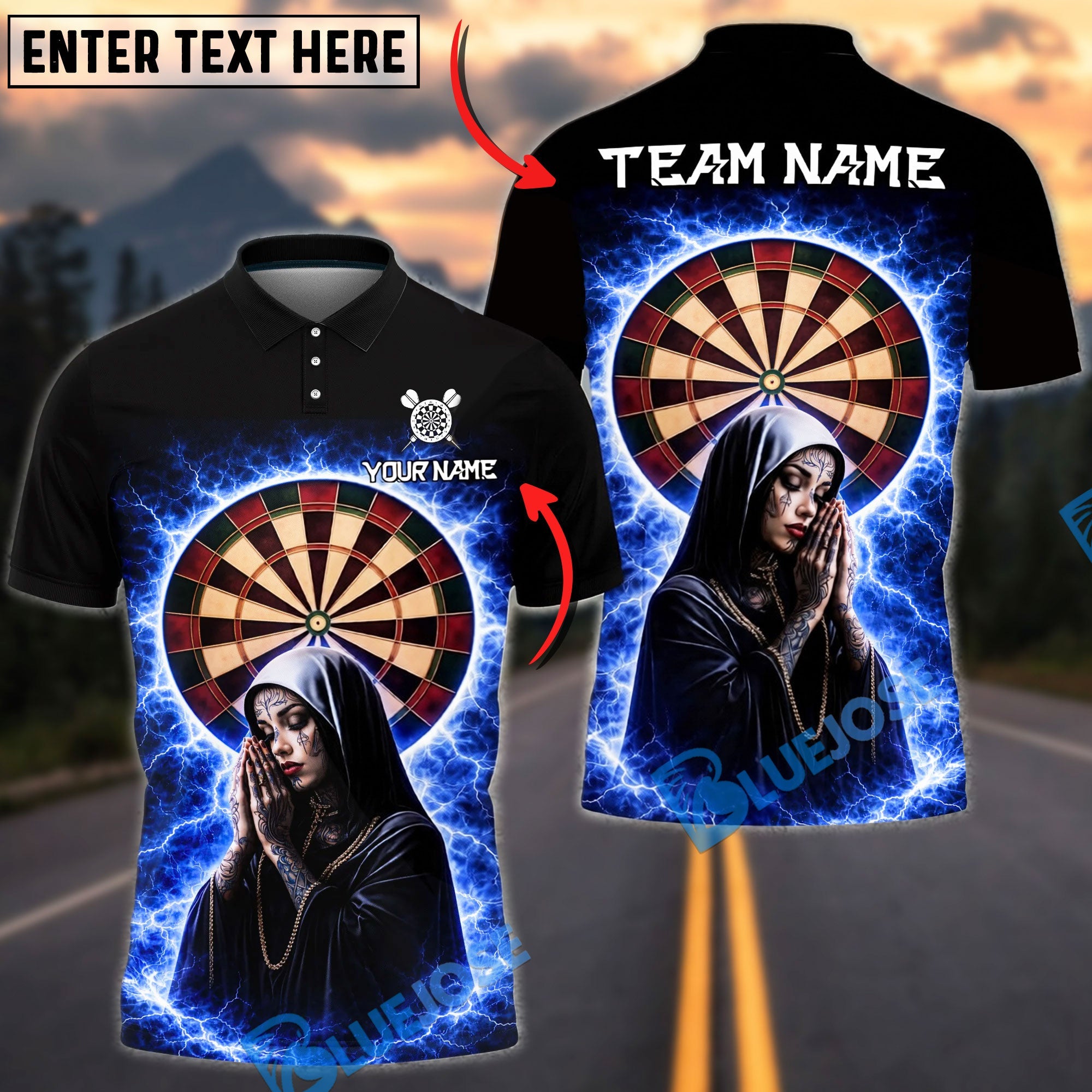 BlueJose Darts Lightning Virgin Mary Dartboard Halo Electric Storm Dark Faith Personalized Name, Team Name Unisex Shirt (4 Colors)