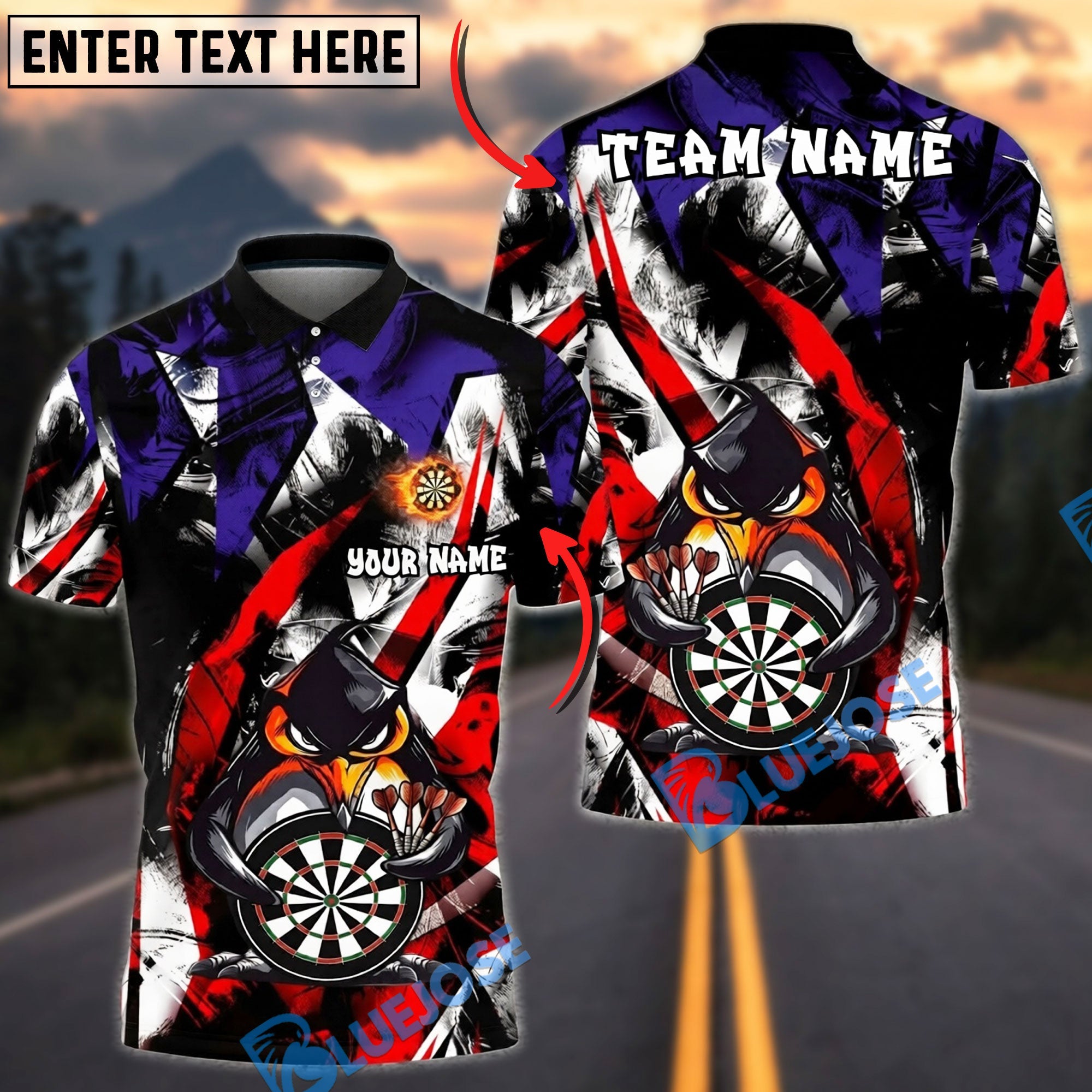 BlueJose Darts Angry Penguin Dartboard Hunter Dark Graphic Powerful Style Personalized Name, Team Name Unisex Shirt (4 Colors)