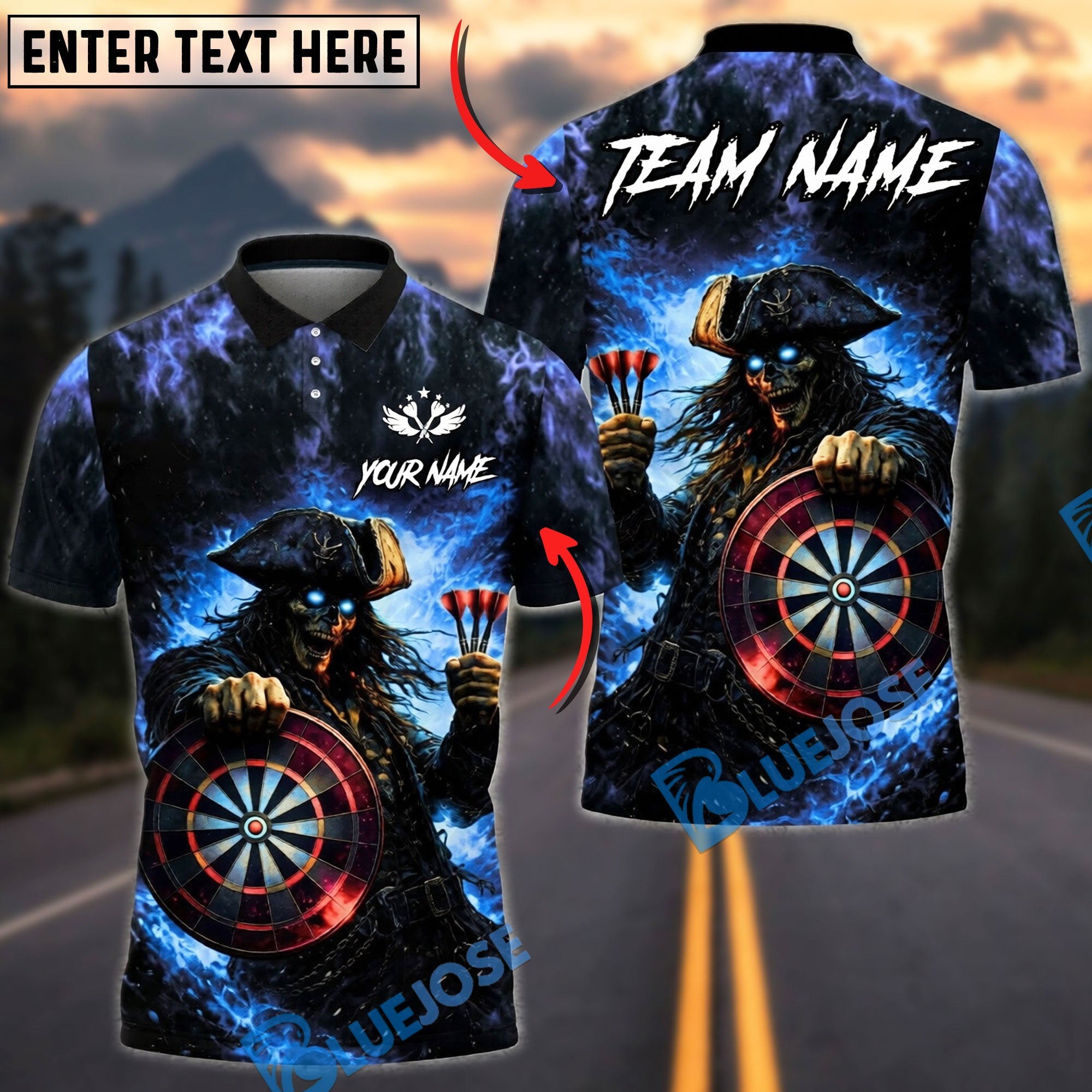 BlueJose Darts Pirate Skull Flame Dartboard Dark Fantasy Cool Graphic Personalized Name, Team Name Unisex Shirt (4 Colors)