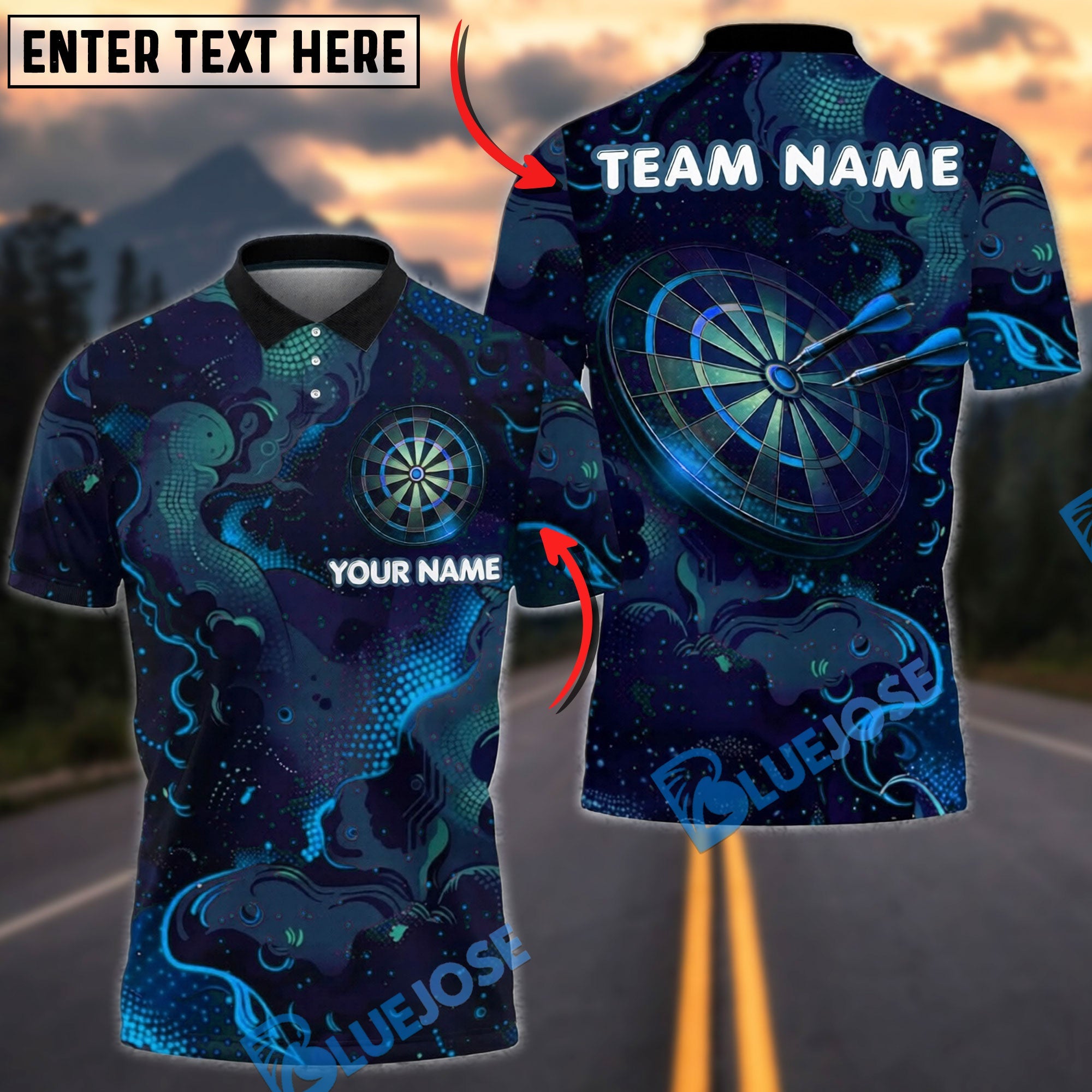BlueJose Darts Abstract Galaxy Dartboard Neon Space Art Futuristic Style Personalized Name, Team Name Unisex Shirt (4 Colors)