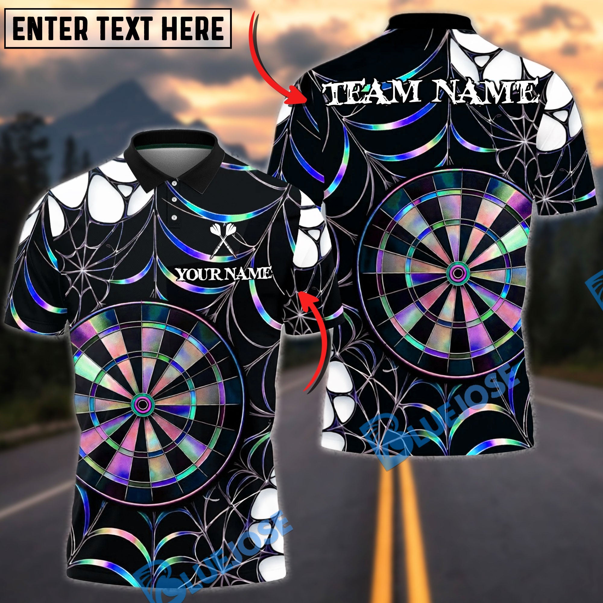 BlueJose Darts Spider Web Holographic Dartboard Dark Gothic Pattern  Personalized Name, Team Name Unisex Shirt (4 Colors)