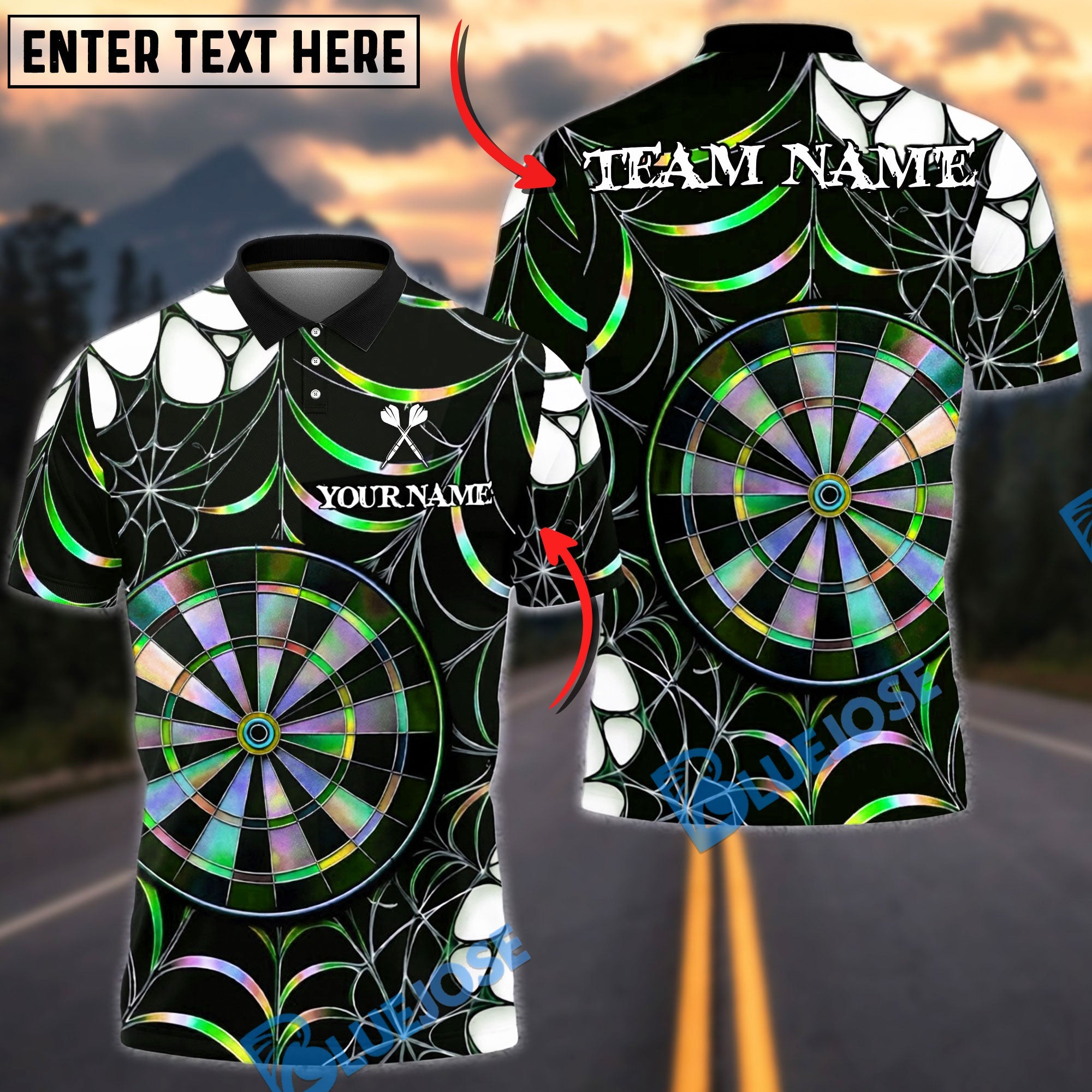 BlueJose Darts Spider Web Holographic Dartboard Dark Gothic Pattern  Personalized Name, Team Name Unisex Shirt (4 Colors)