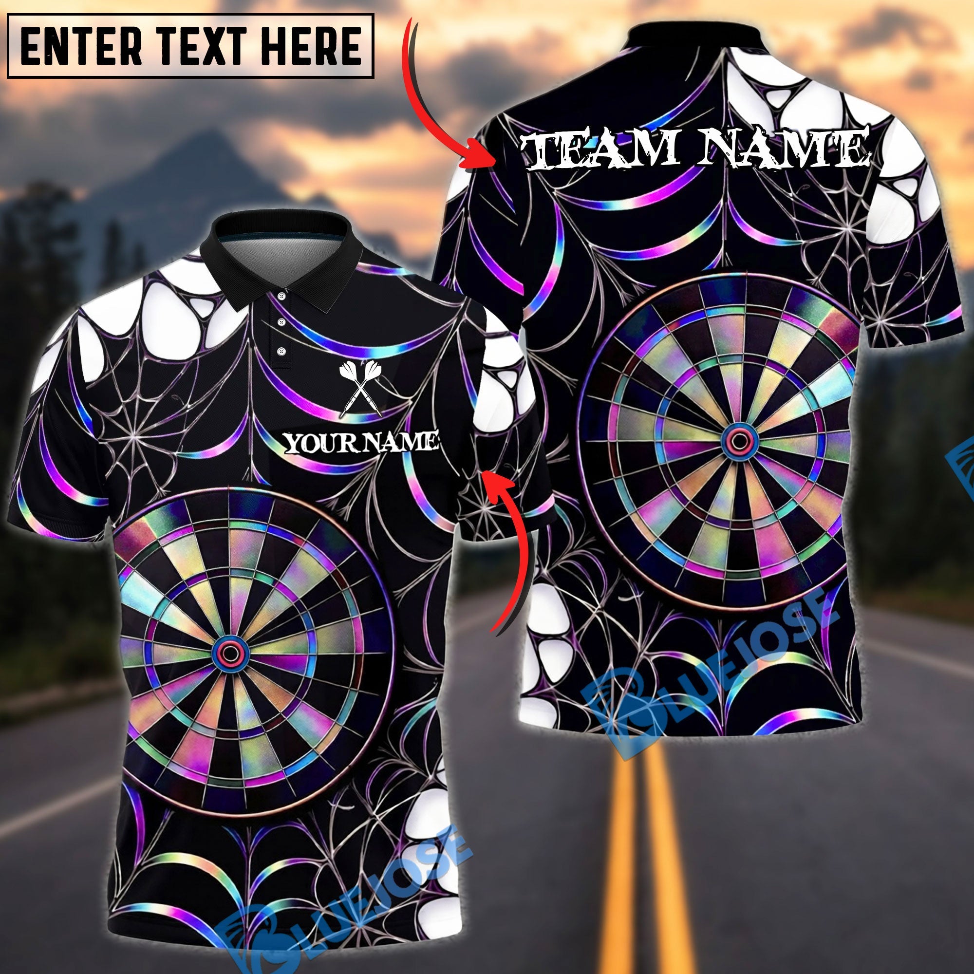 BlueJose Darts Spider Web Holographic Dartboard Dark Gothic Pattern  Personalized Name, Team Name Unisex Shirt (4 Colors)