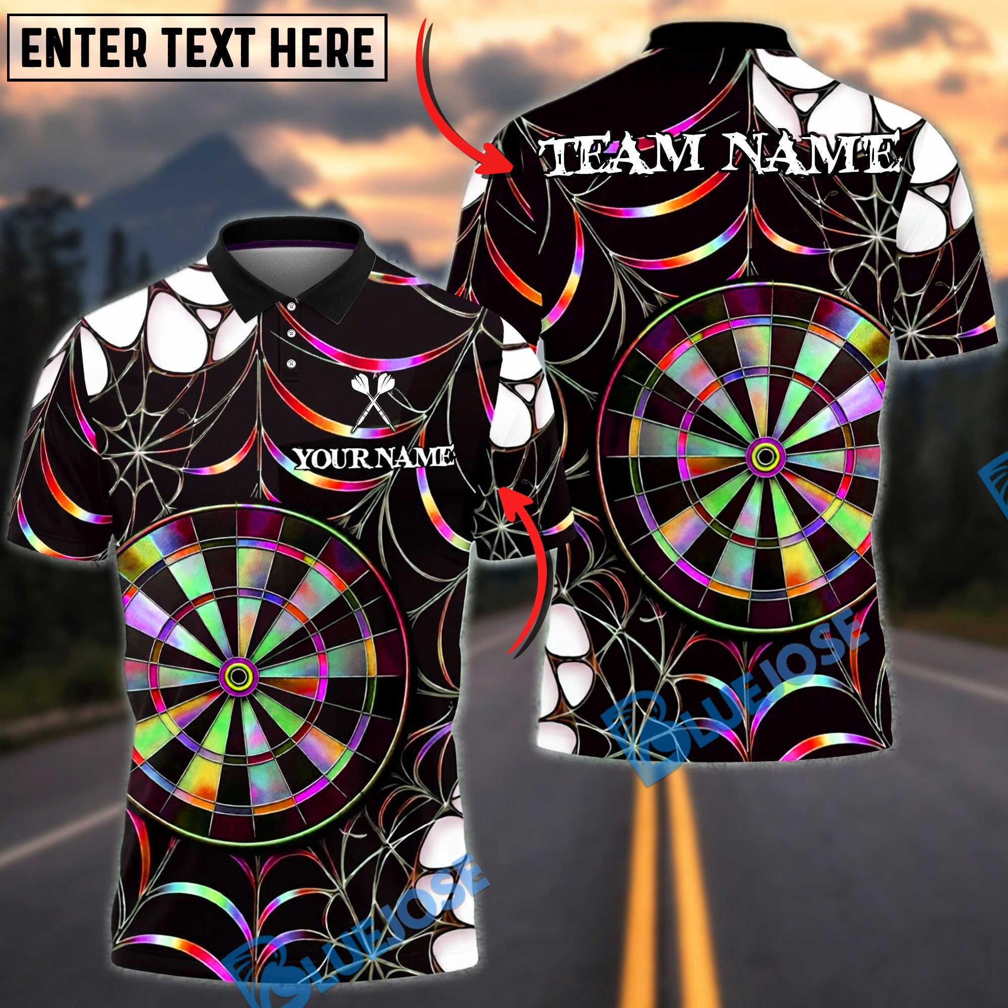 BlueJose Darts Spider Web Holographic Dartboard Dark Gothic Pattern  Personalized Name, Team Name Unisex Shirt (4 Colors)