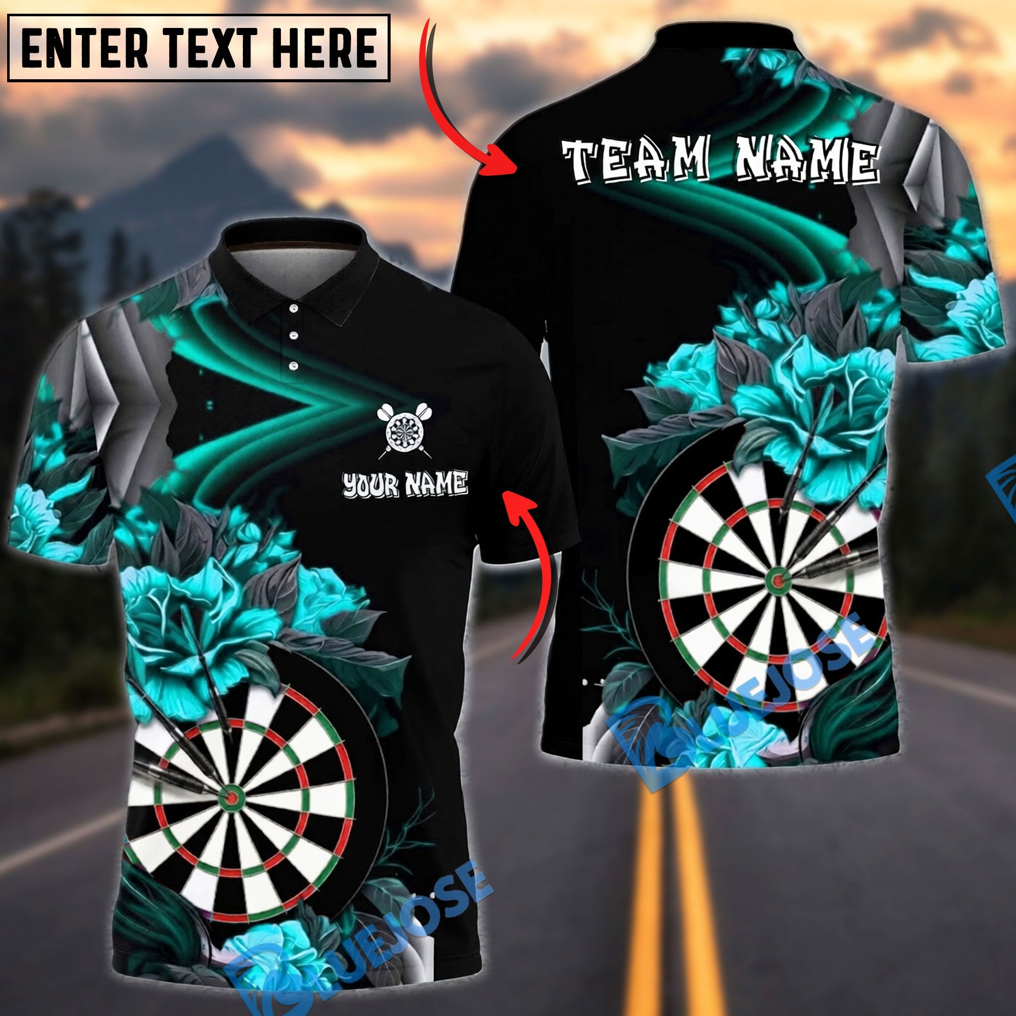 BlueJose Darts Rose Dartboard Elegant Dark Floral Style Personalized Name, Team Name Unisex Shirt (4 Colors)