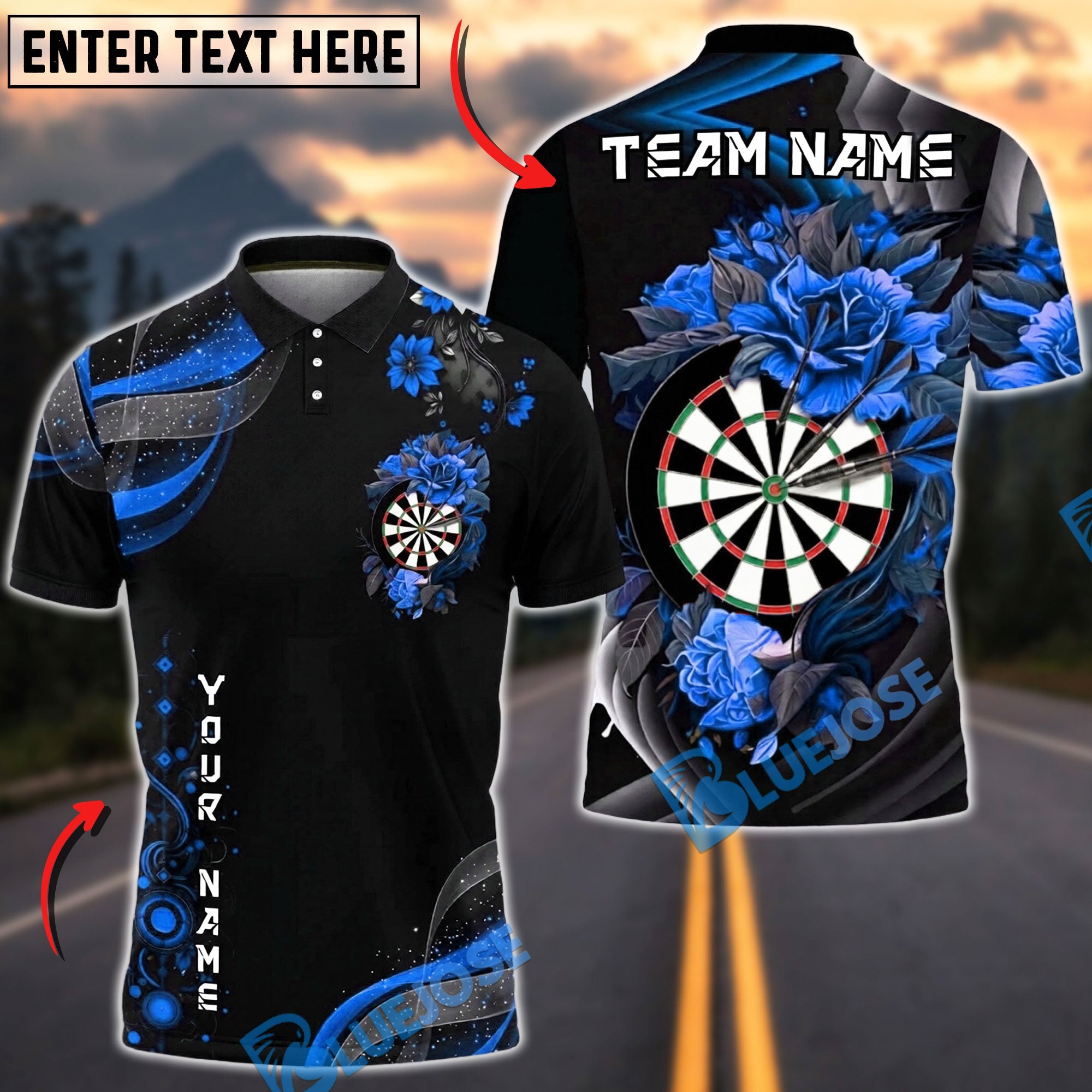 BlueJose Darts Minimal Dartboard Floral Swirl Modern Clean Style Personalized Name, Team Name Unisex Shirt (4 Colors)