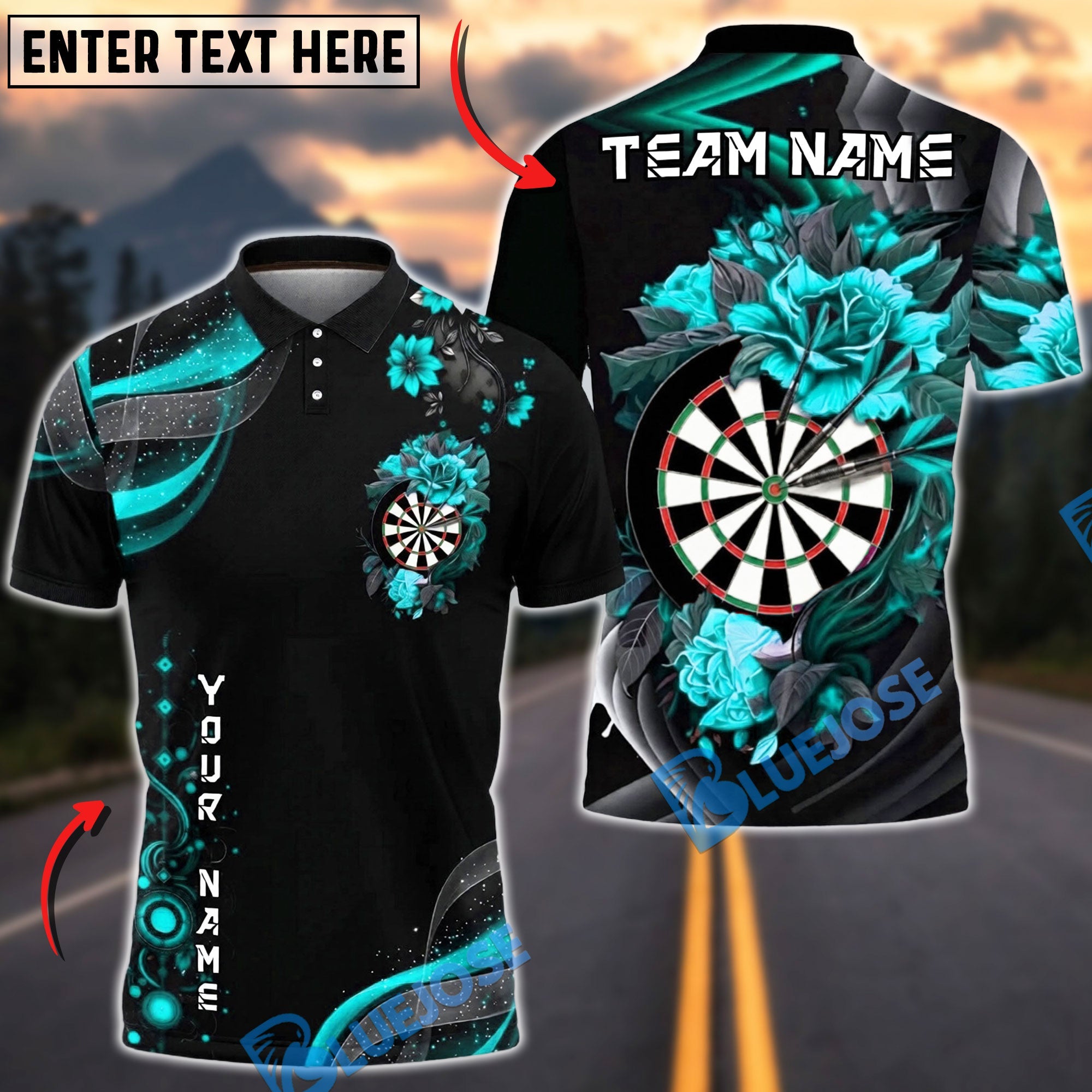 BlueJose Darts Minimal Dartboard Floral Swirl Modern Clean Style Personalized Name, Team Name Unisex Shirt (4 Colors)