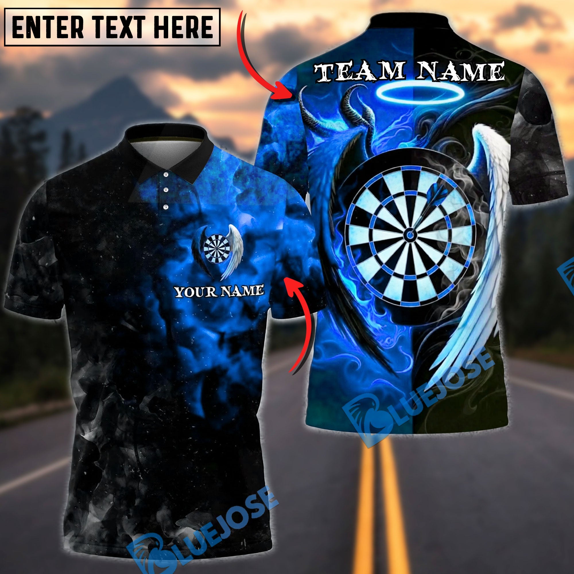 BlueJose Darts Epic Angel Devil Dark Light Fantasy Dartboard Target Personalized Name, Team Name Unisex Shirt (4 Colors)