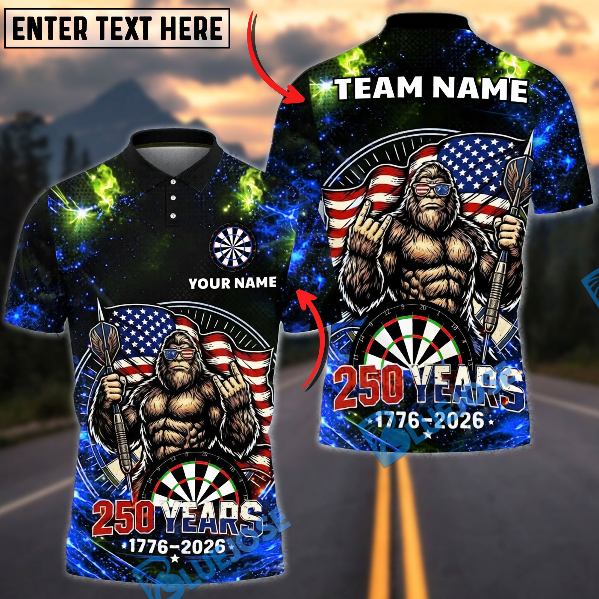 BlueJose Darts Patriotic USA Gorilla 250 Years 1776 2026 Dartboard Target Personalized Name, Team Name Unisex Shirt (4 Colors)