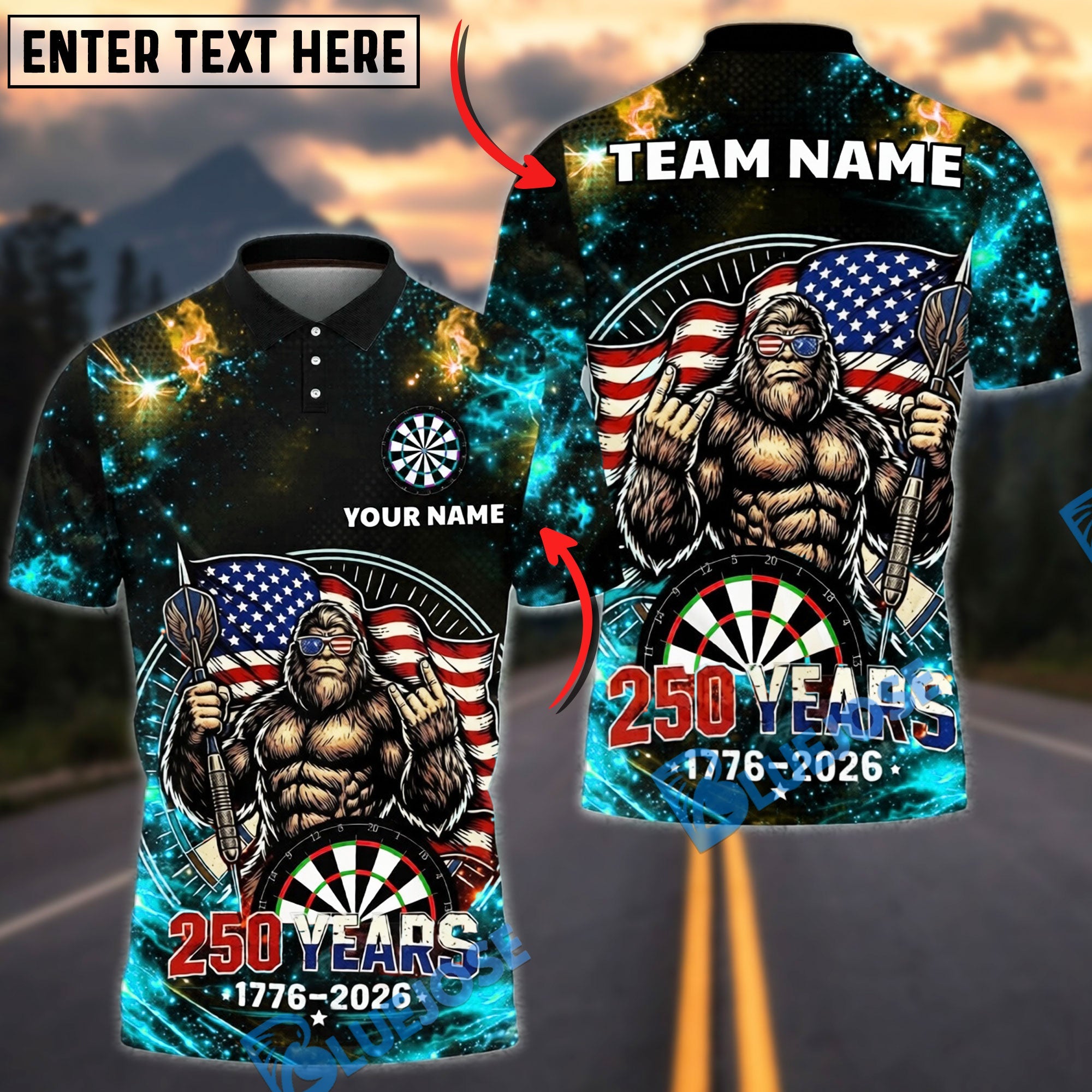 BlueJose Darts Patriotic USA Gorilla 250 Years 1776 2026 Dartboard Target Personalized Name, Team Name Unisex Shirt (4 Colors)