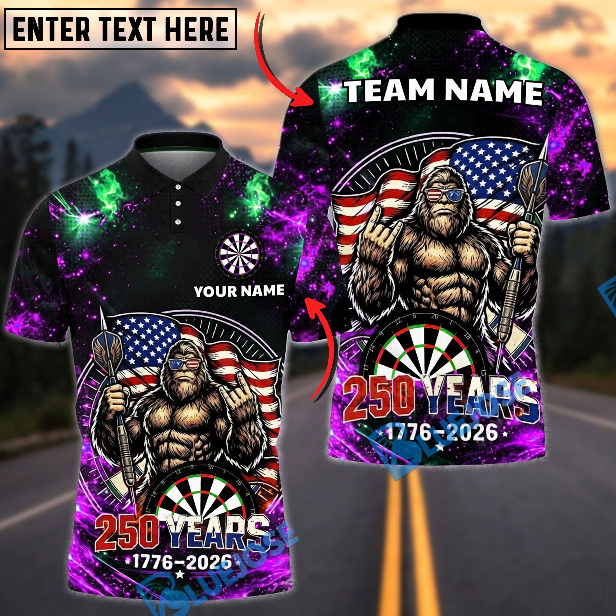 BlueJose Darts Patriotic USA Gorilla 250 Years 1776 2026 Dartboard Target Personalized Name, Team Name Unisex Shirt (4 Colors)