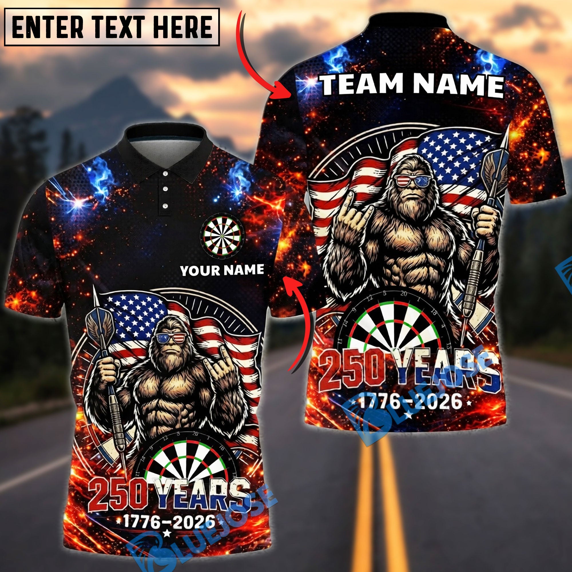BlueJose Darts Patriotic USA Gorilla 250 Years 1776 2026 Dartboard Target Personalized Name, Team Name Unisex Shirt (4 Colors)