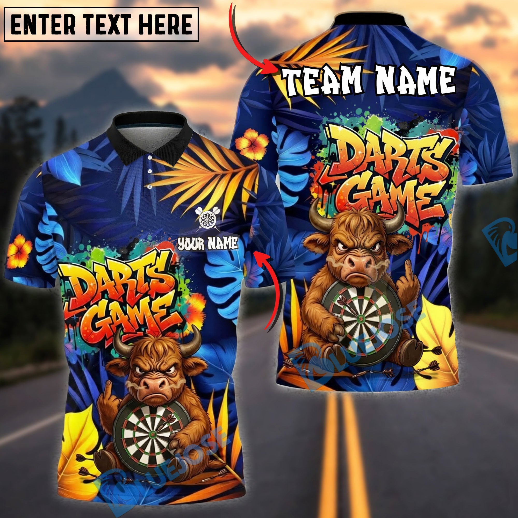 BlueJose Darts Funny Angry Bull Cartoon Dart Game Dartboard Target Personalized Name, Team Name Unisex Shirt (4 Colors)