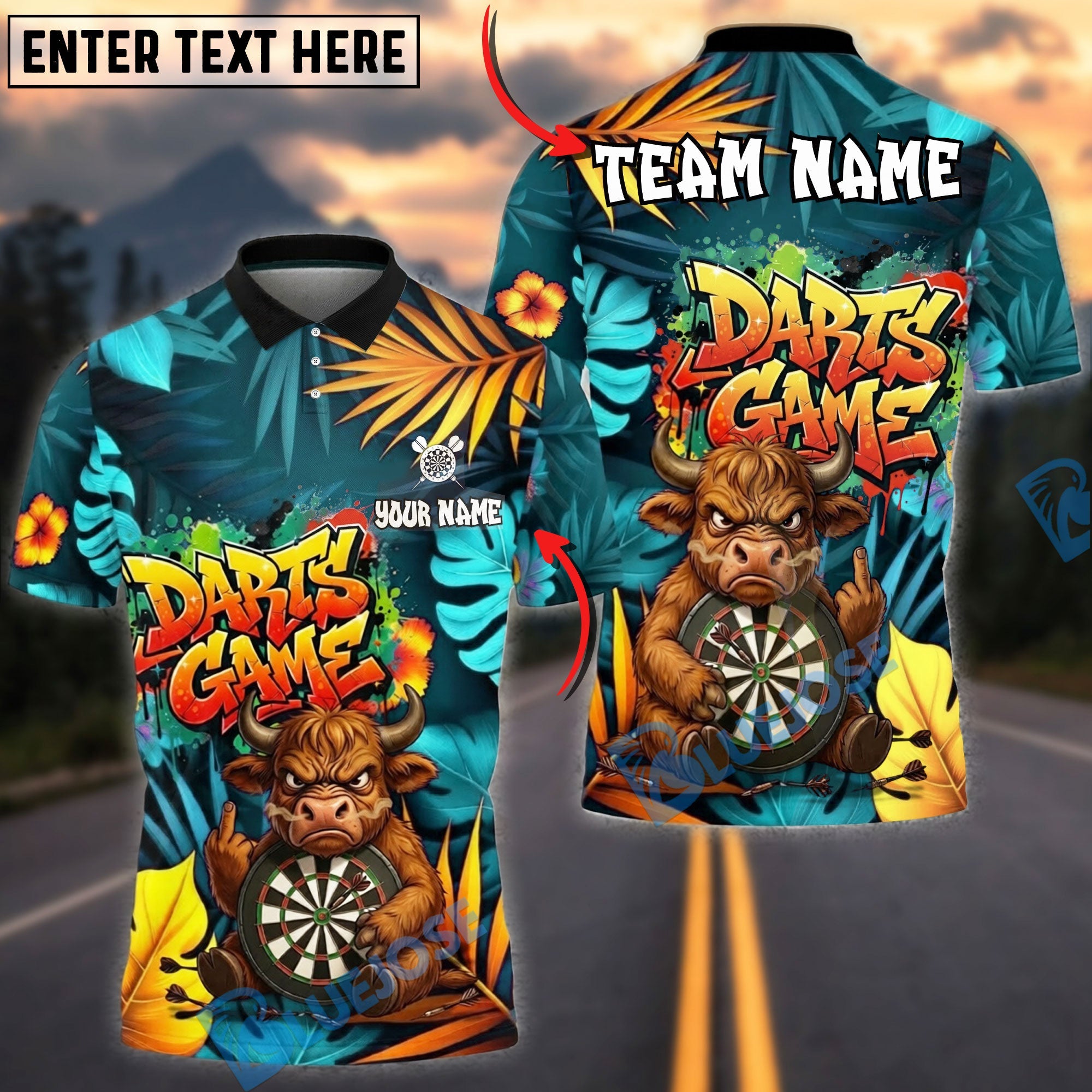 BlueJose Darts Funny Angry Bull Cartoon Dart Game Dartboard Target Personalized Name, Team Name Unisex Shirt (4 Colors)