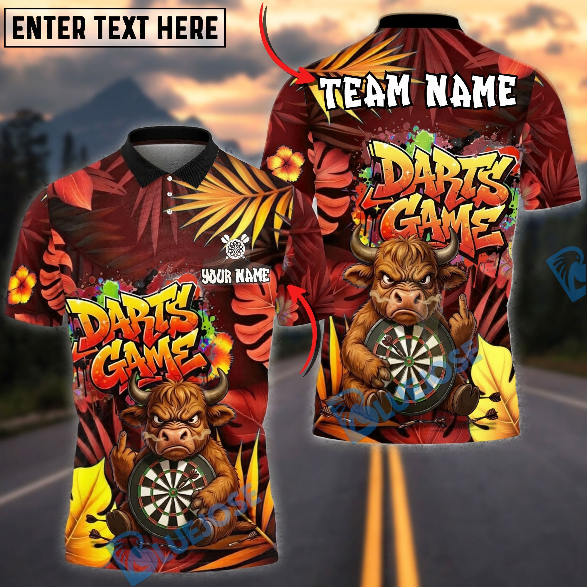 BlueJose Darts Funny Angry Bull Cartoon Dart Game Dartboard Target Personalized Name, Team Name Unisex Shirt (4 Colors)