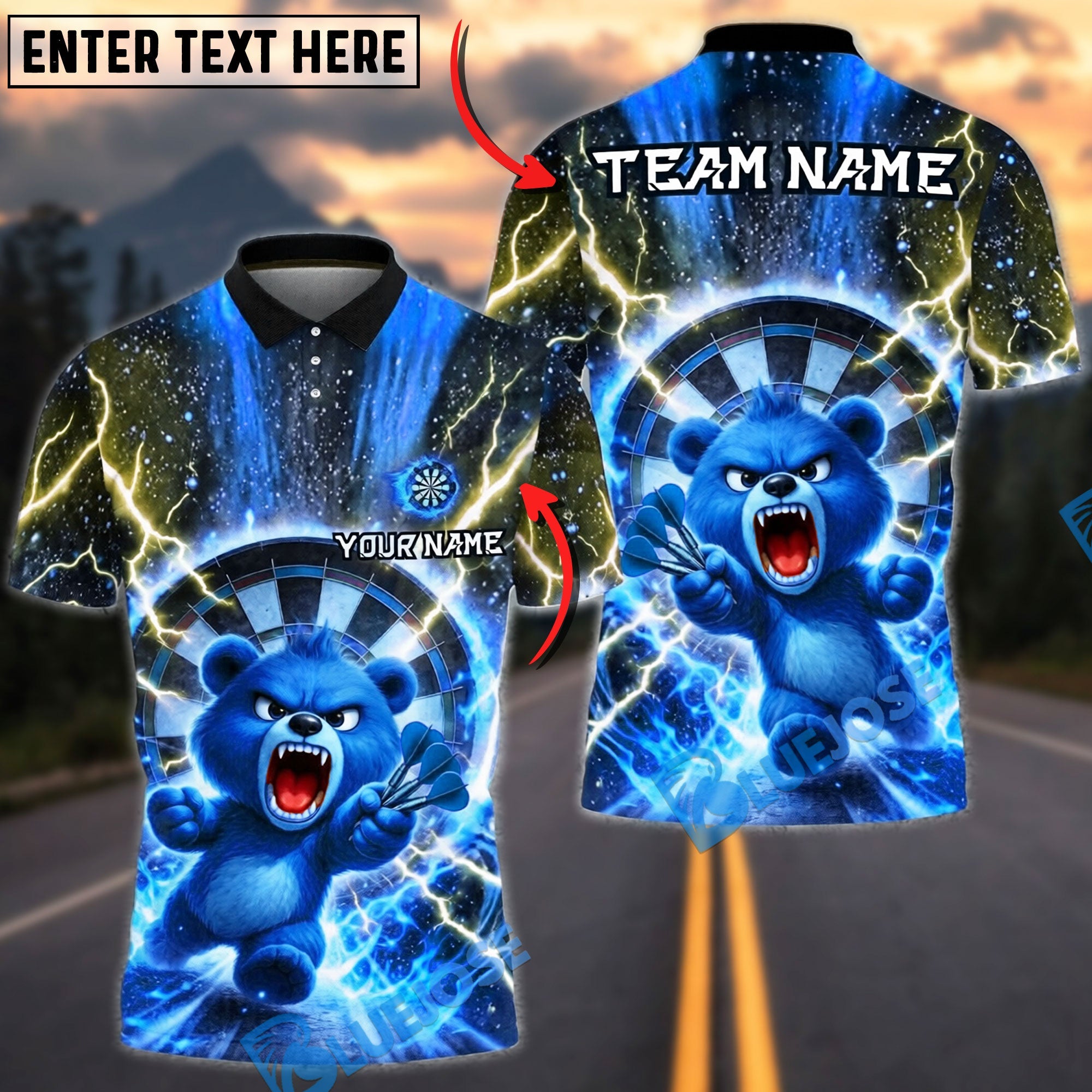 BlueJose Darts Cute Angry Bear Lightning Energy Dartboard Target Personalized Name, Team Name Unisex Shirt (4 Colors)
