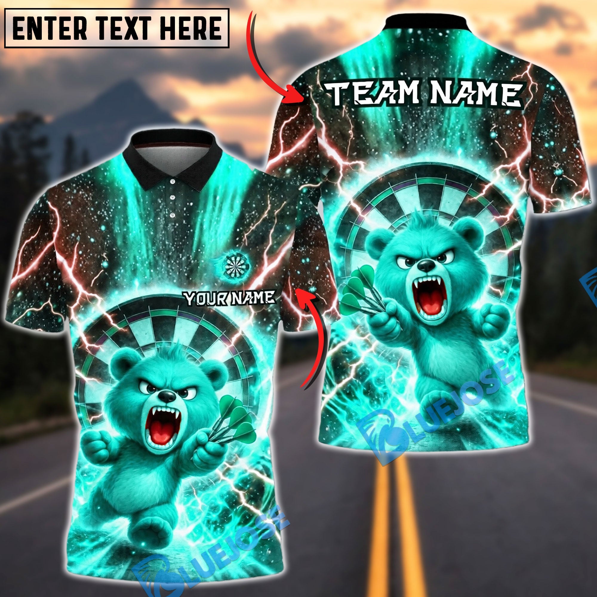 BlueJose Darts Cute Angry Bear Lightning Energy Dartboard Target Personalized Name, Team Name Unisex Shirt (4 Colors)