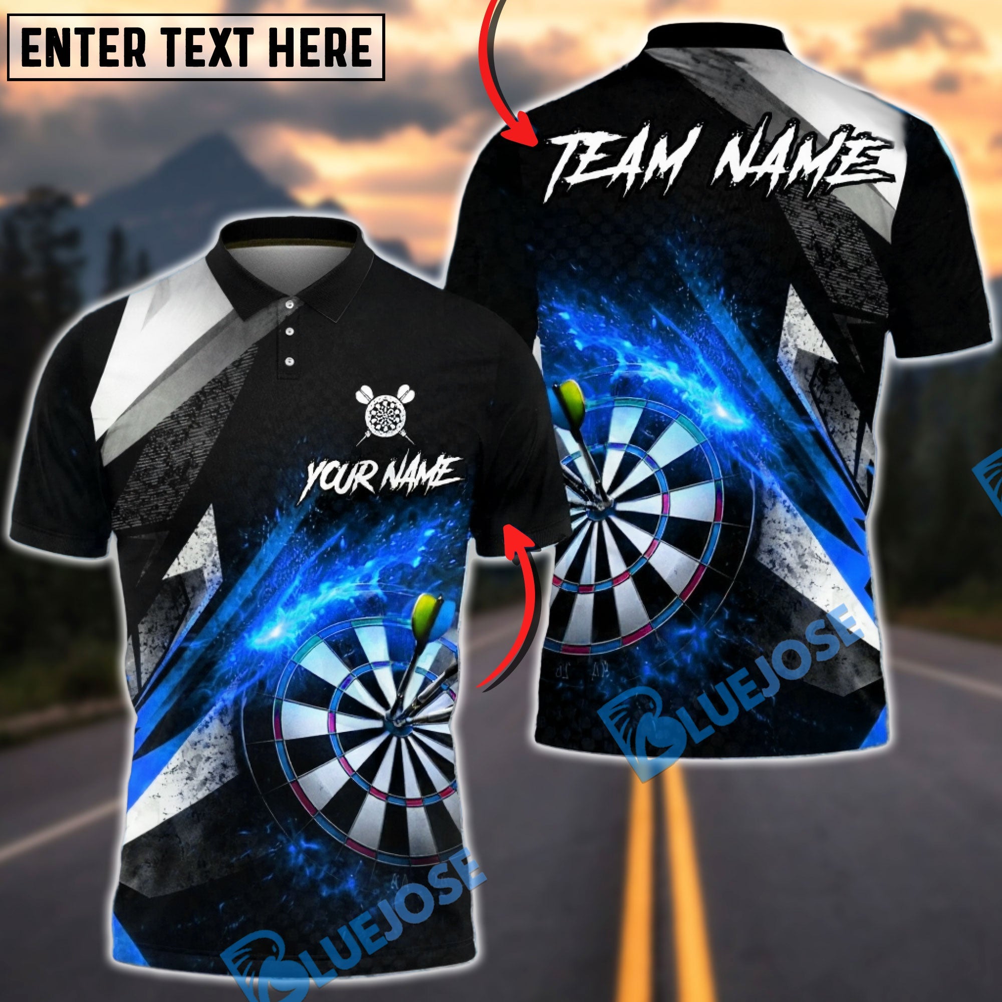 BlueJose Darts Dartboard Fire Explosion Graphic Personalized Name, Team Name Unisex Shirt (4 Colors)