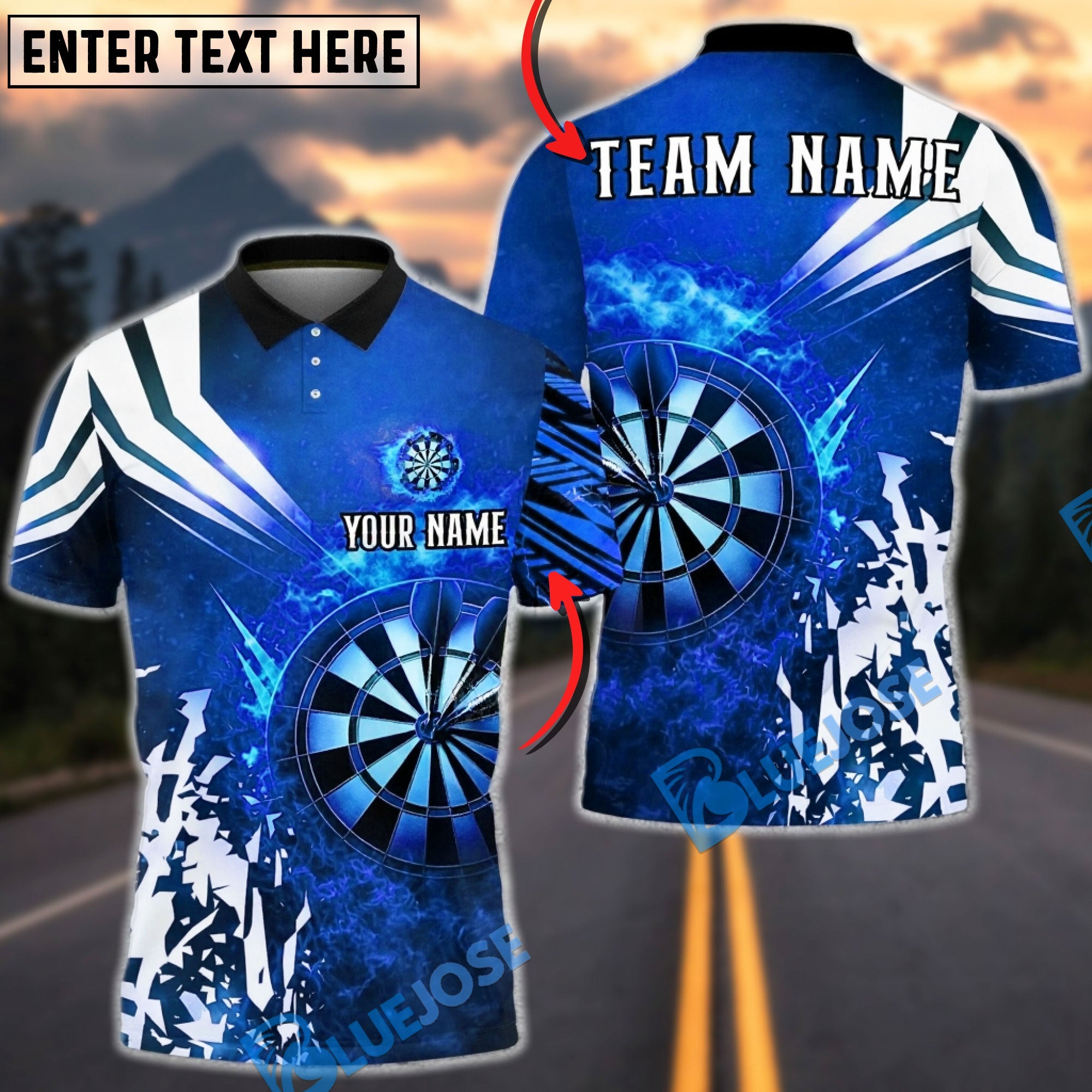 BlueJose Darts Dartboard Fire Blast Abstract Personalized Name, Team Name Unisex Shirt (4 Colors)
