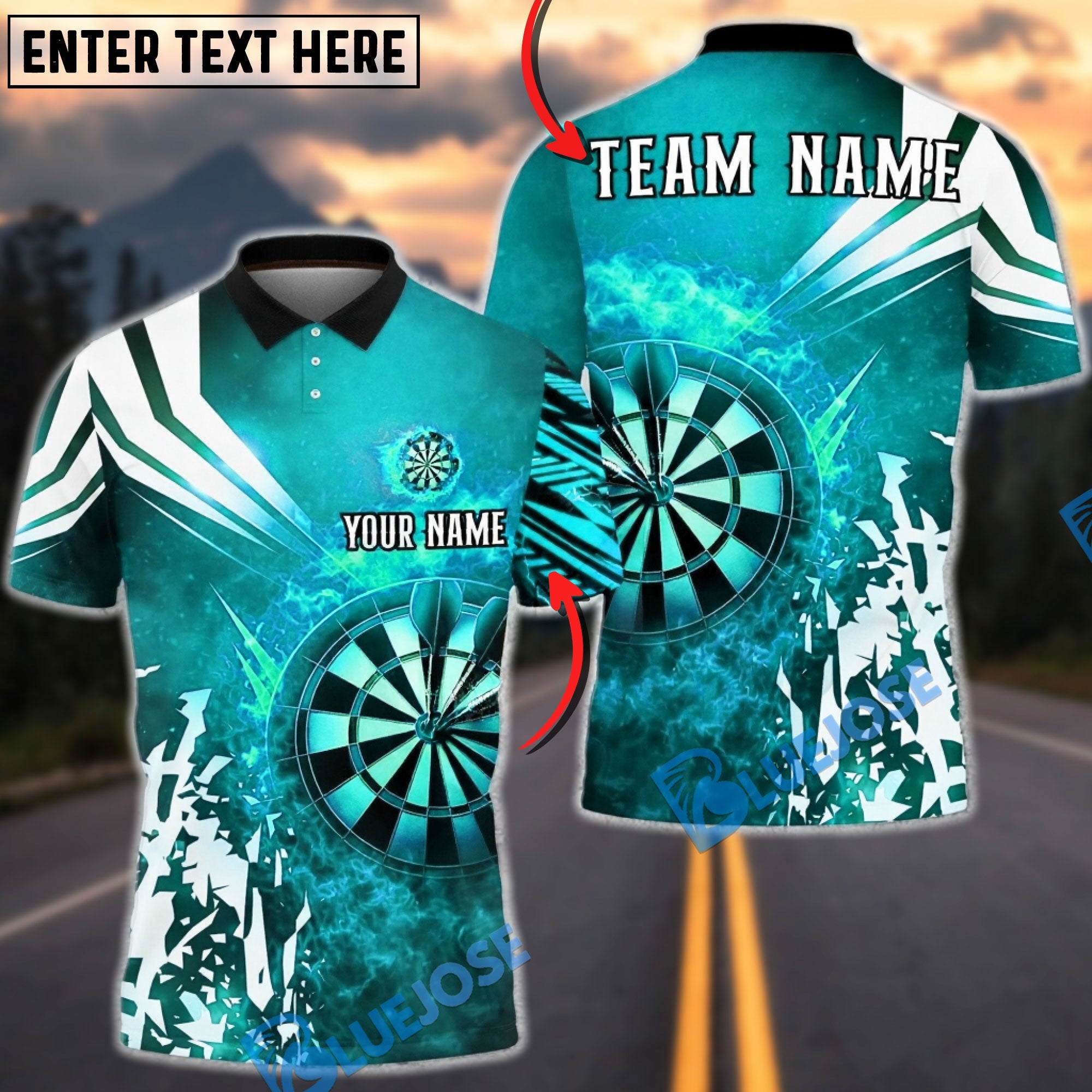 BlueJose Darts Dartboard Fire Blast Abstract Personalized Name, Team Name Unisex Shirt (4 Colors)
