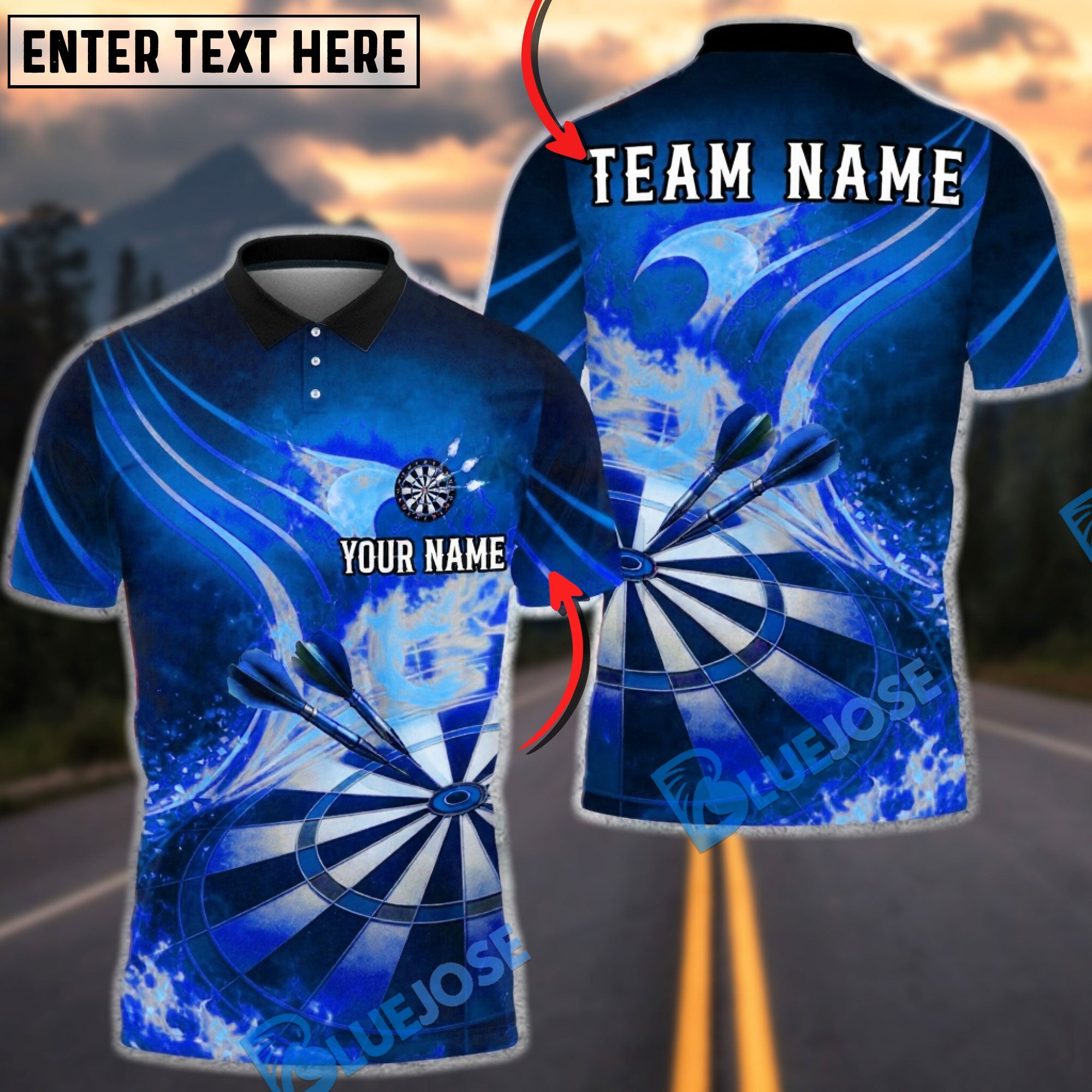 BlueJose Darts Dartboard Flaming Phoenix Style Personalized Name, Team Name Unisex Shirt (4 Colors)
