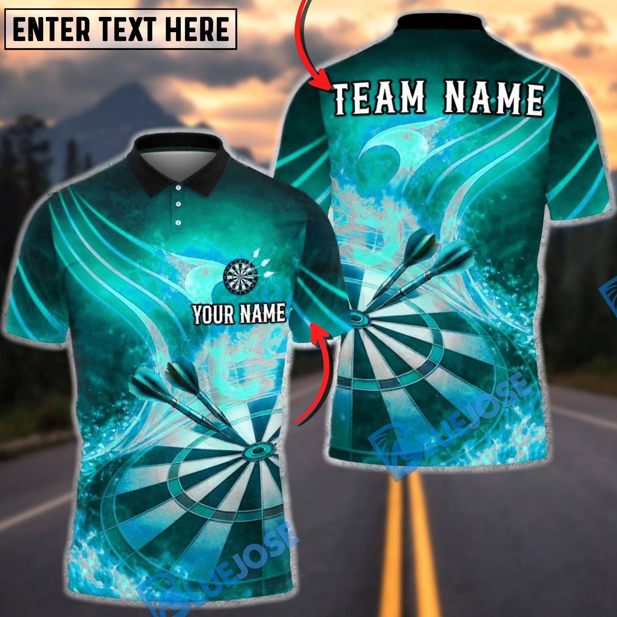 BlueJose Darts Dartboard Flaming Phoenix Style Personalized Name, Team Name Unisex Shirt (4 Colors)
