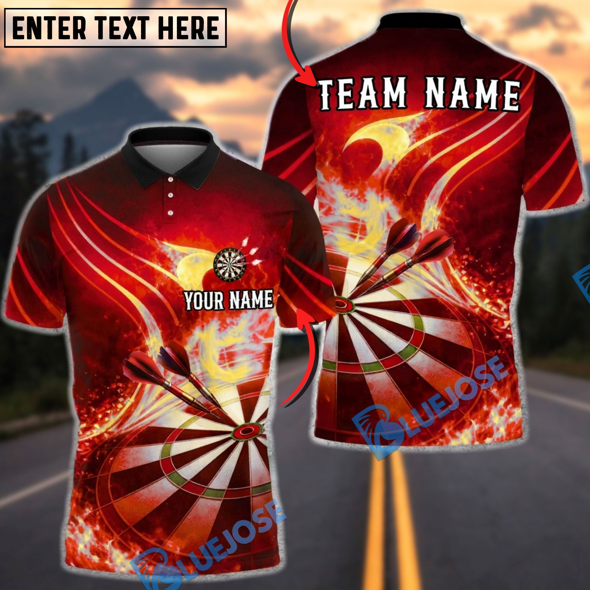 BlueJose Darts Dartboard Flaming Phoenix Style Personalized Name, Team Name Unisex Shirt (4 Colors)