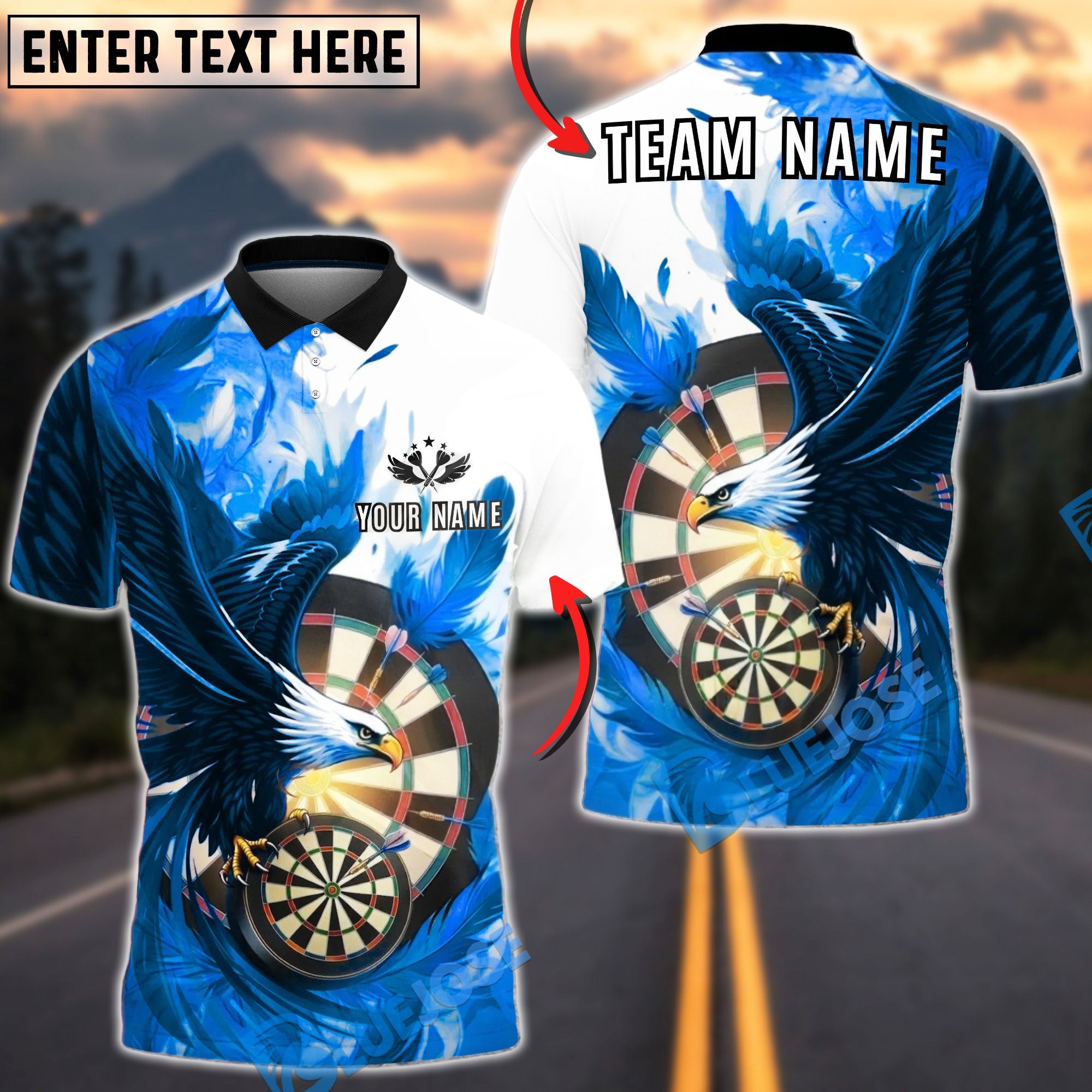 BlueJose Darts Eagle Dartboard Artistic Splash Personalized Name, Team Name Unisex Shirt (4 Colors)