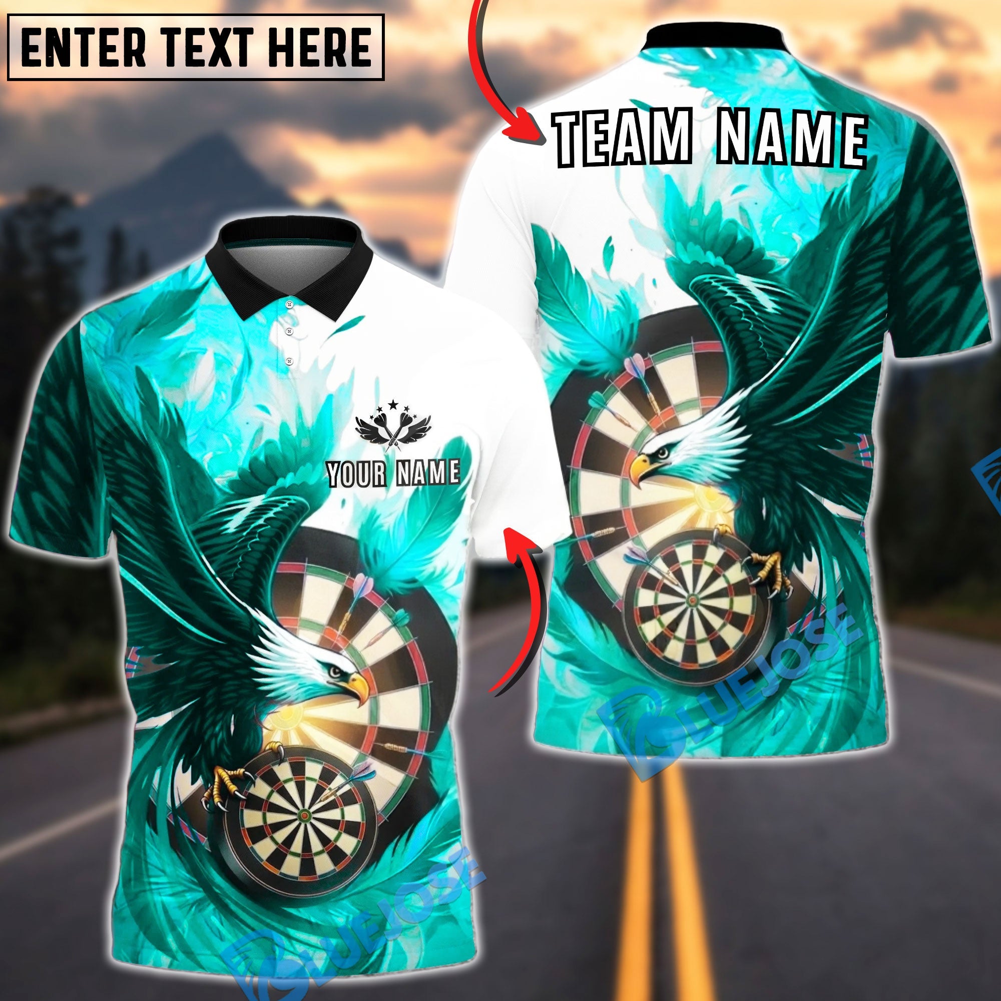 BlueJose Darts Eagle Dartboard Artistic Splash Personalized Name, Team Name Unisex Shirt (4 Colors)