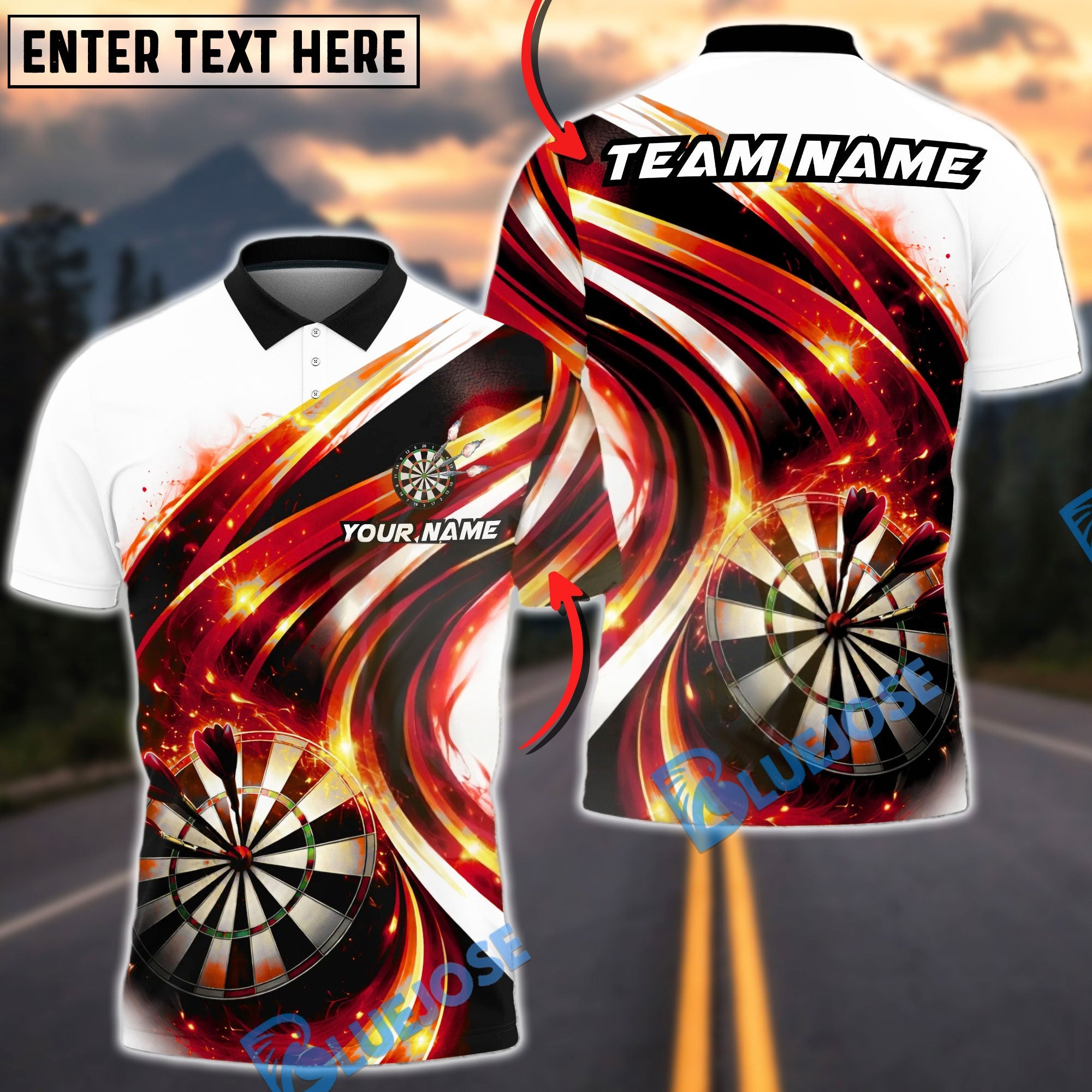 BlueJose Darts Fire Swirl Dartboard Energy Personalized Name, Team Name Unisex Shirt (4 Colors)