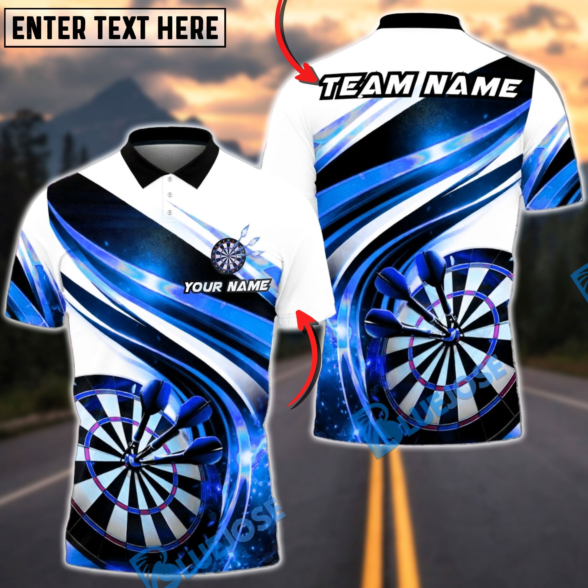 BlueJose Darts Lightning Dynamic Lines Personalized Name, Team Name Unisex Shirt (4 Colors)