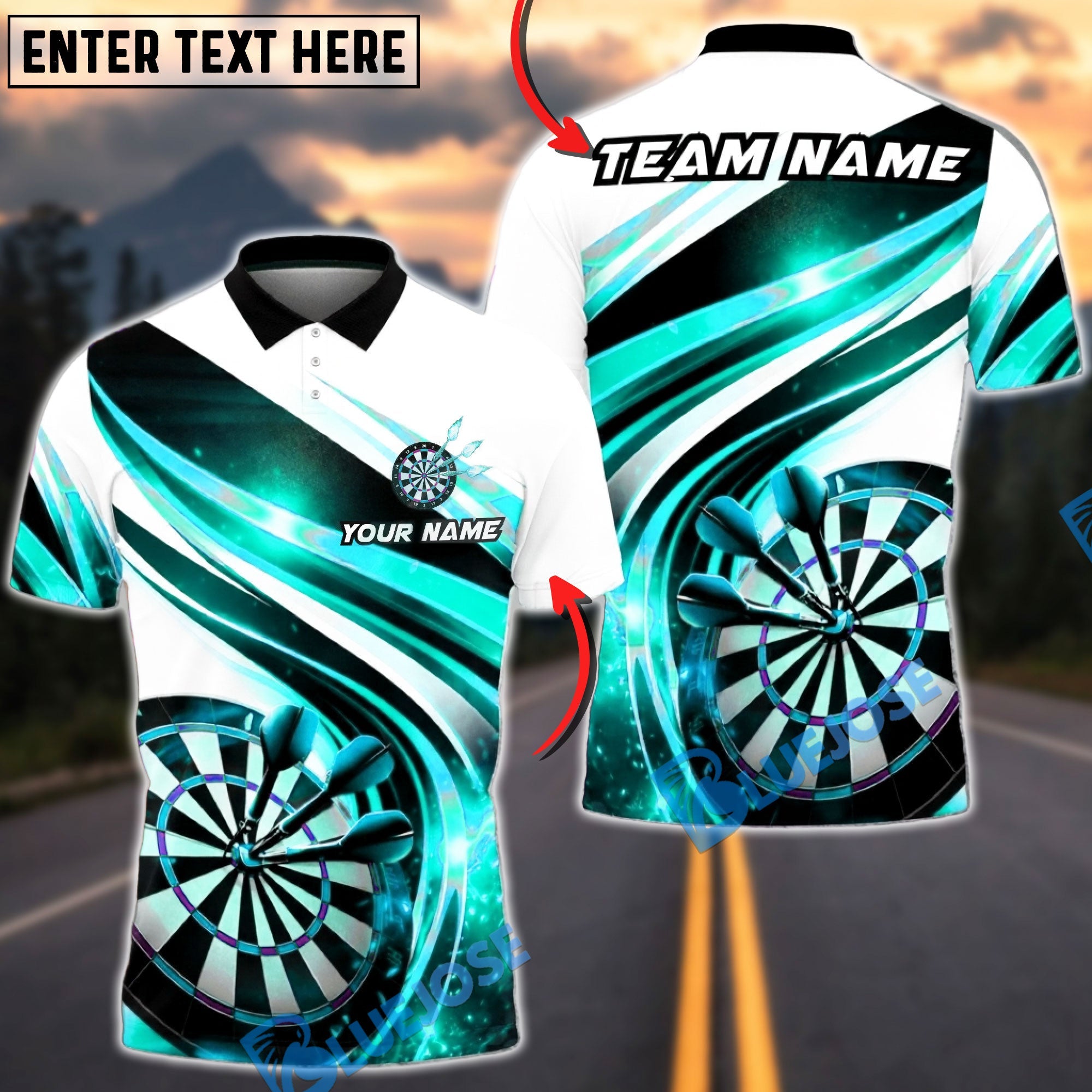 BlueJose Darts Lightning Dynamic Lines Personalized Name, Team Name Unisex Shirt (4 Colors)