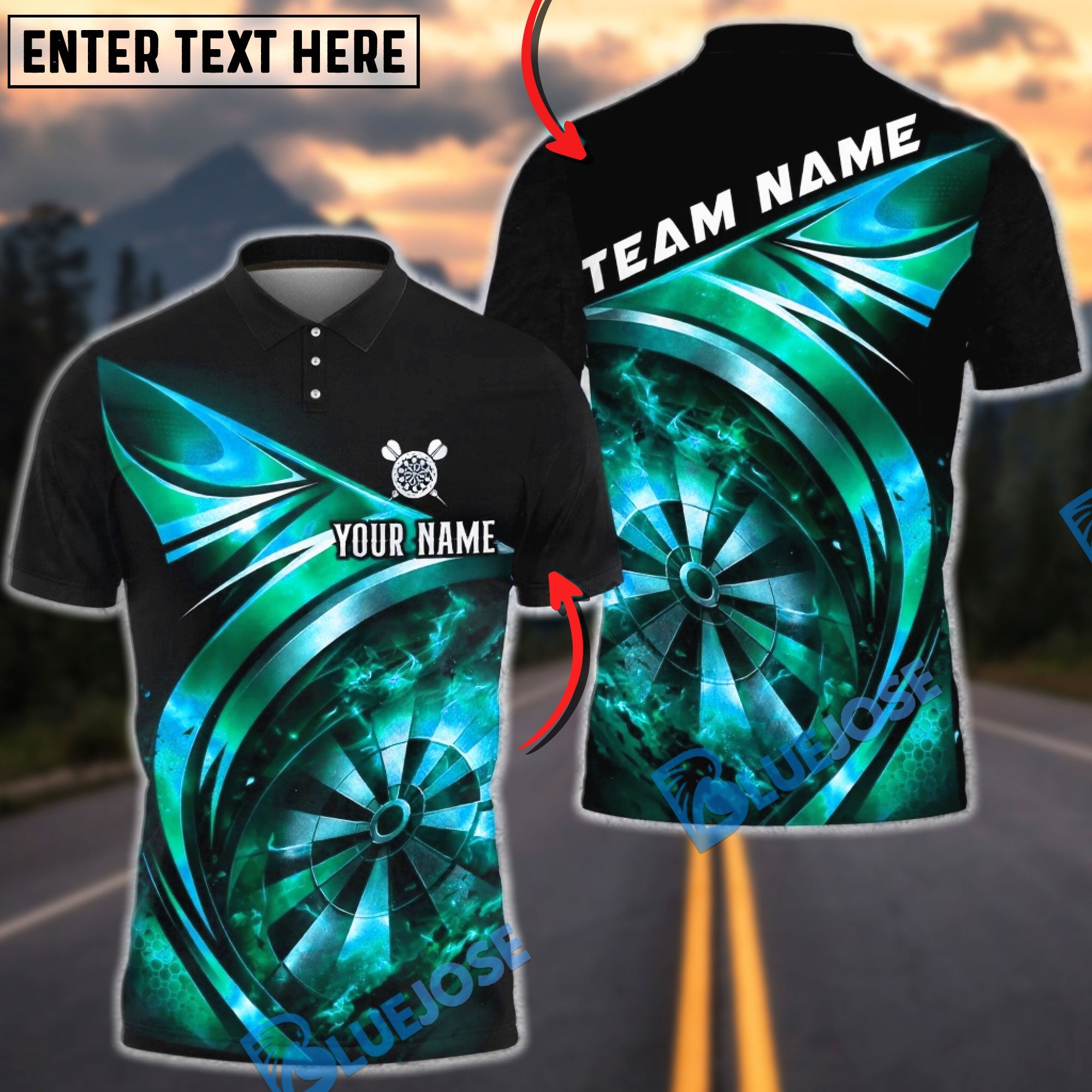 BlueJose Darts Dark Neon Dartboard Galaxy Style Personalized Name, Team Name Unisex Shirt (4 Colors)
