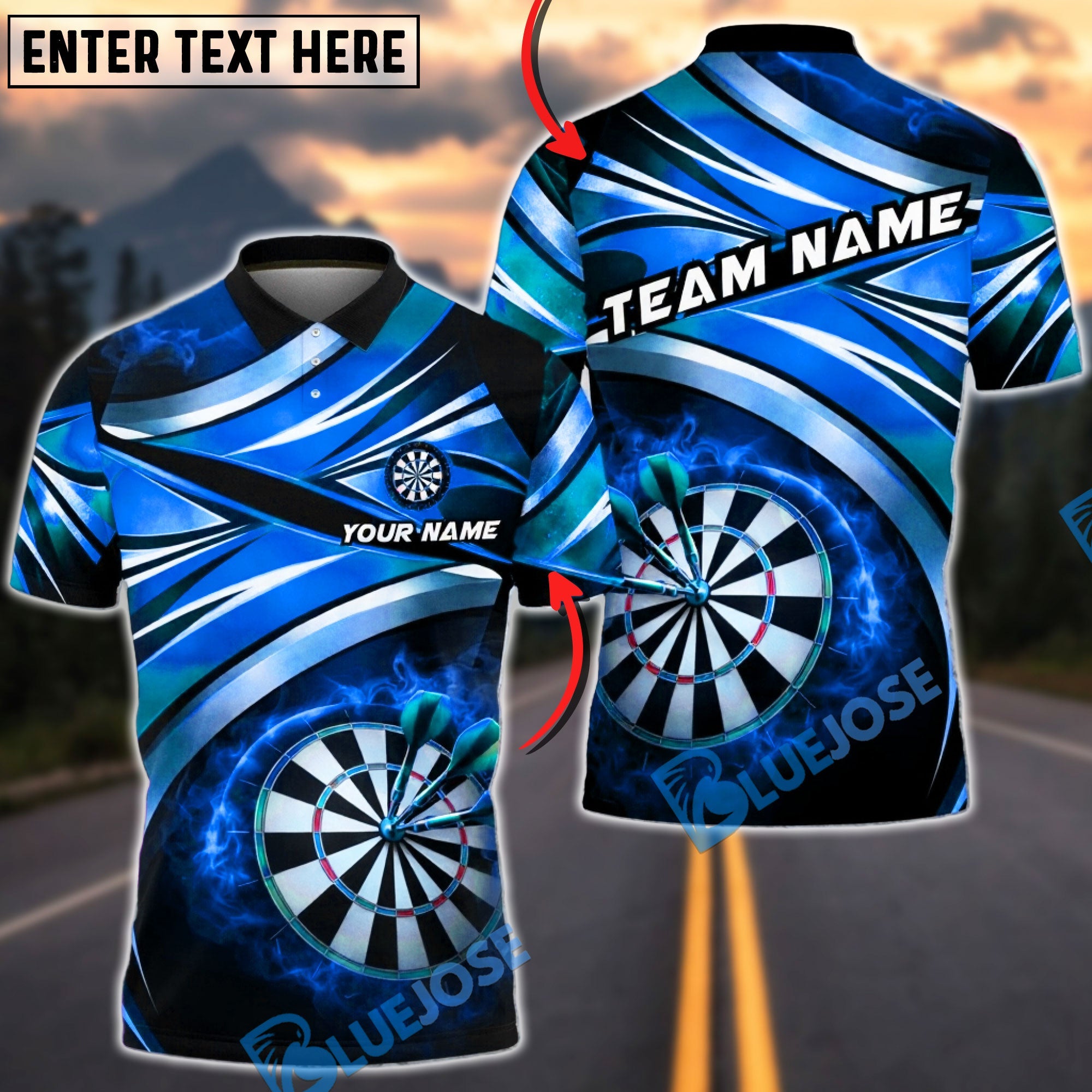BlueJose Darts Dartboard Smoke Energy Personalized Name, Team Name Unisex Shirt (4 Colors)
