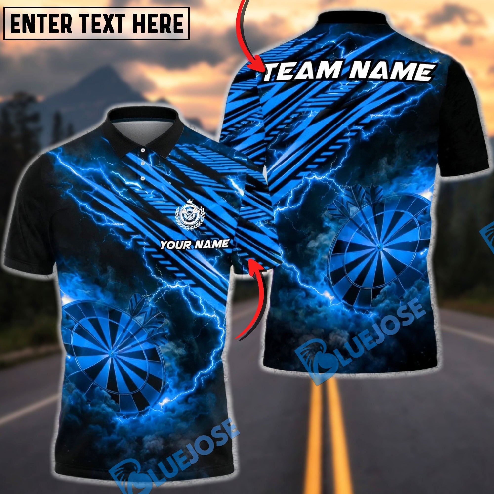 BlueJose Darts Dartboard Lightning Storm Personalized Name, Team Name Unisex Shirt (4 Colors)