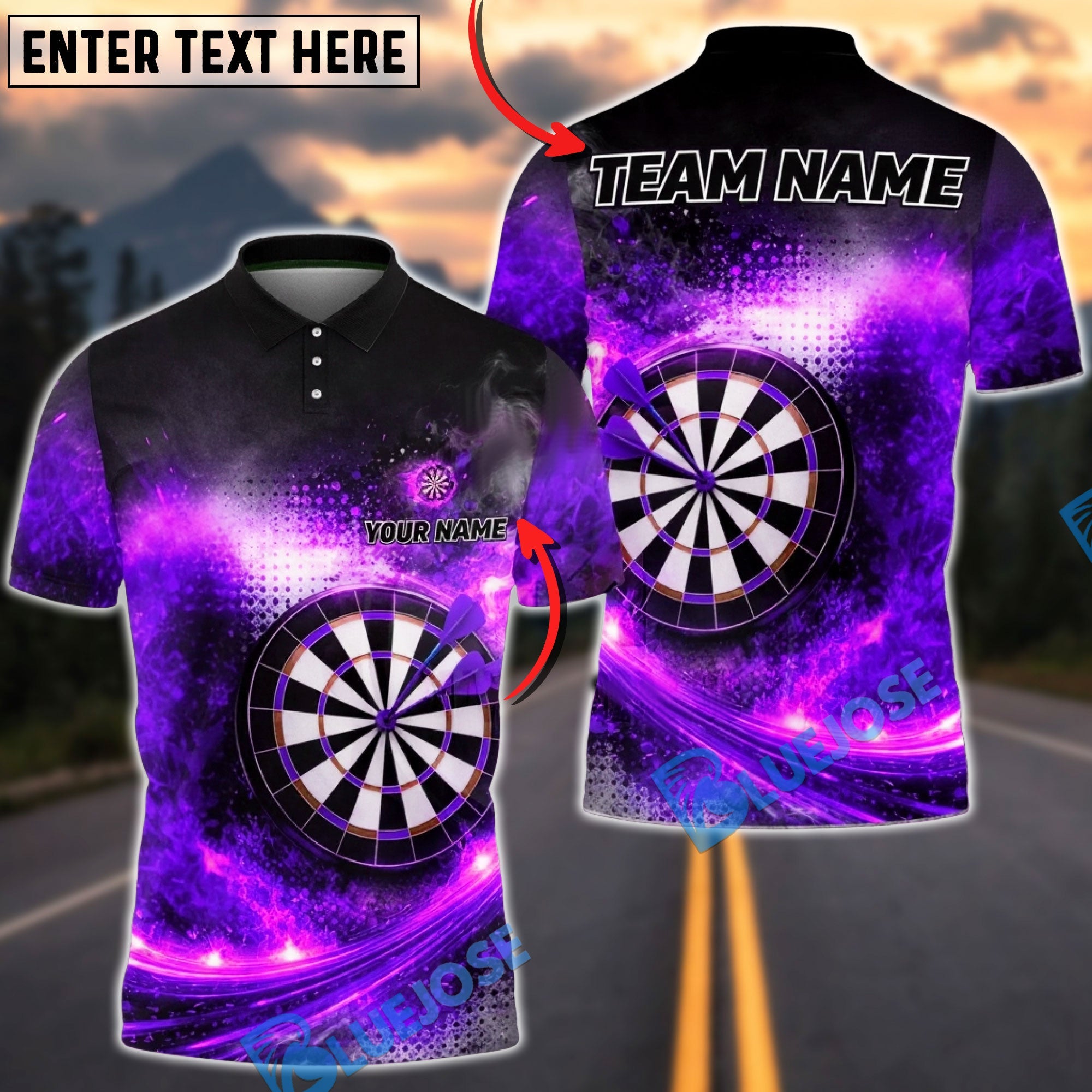 BlueJose Darts Fiery Explosion Energy Blast Personalized Name, Team Name Unisex Shirt (4 Colors)