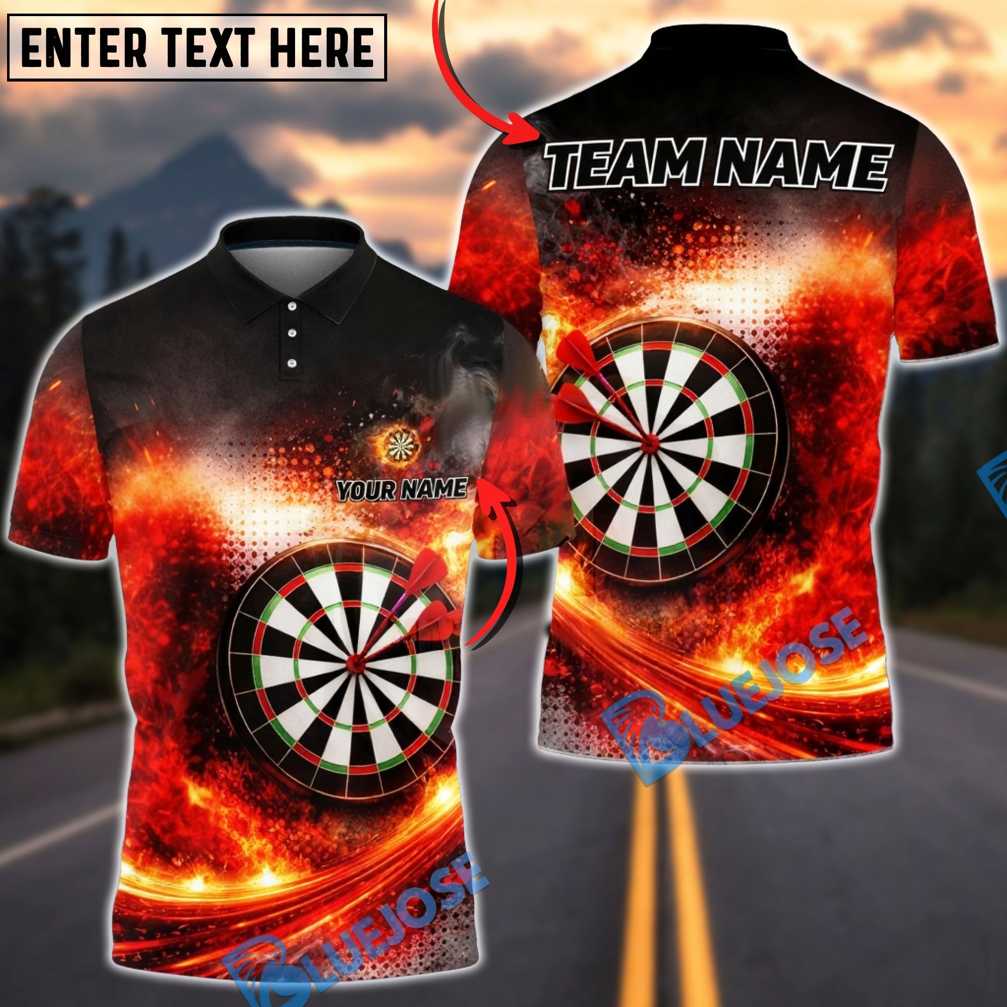 BlueJose Darts Fiery Explosion Energy Blast Personalized Name, Team Name Unisex Shirt (4 Colors)