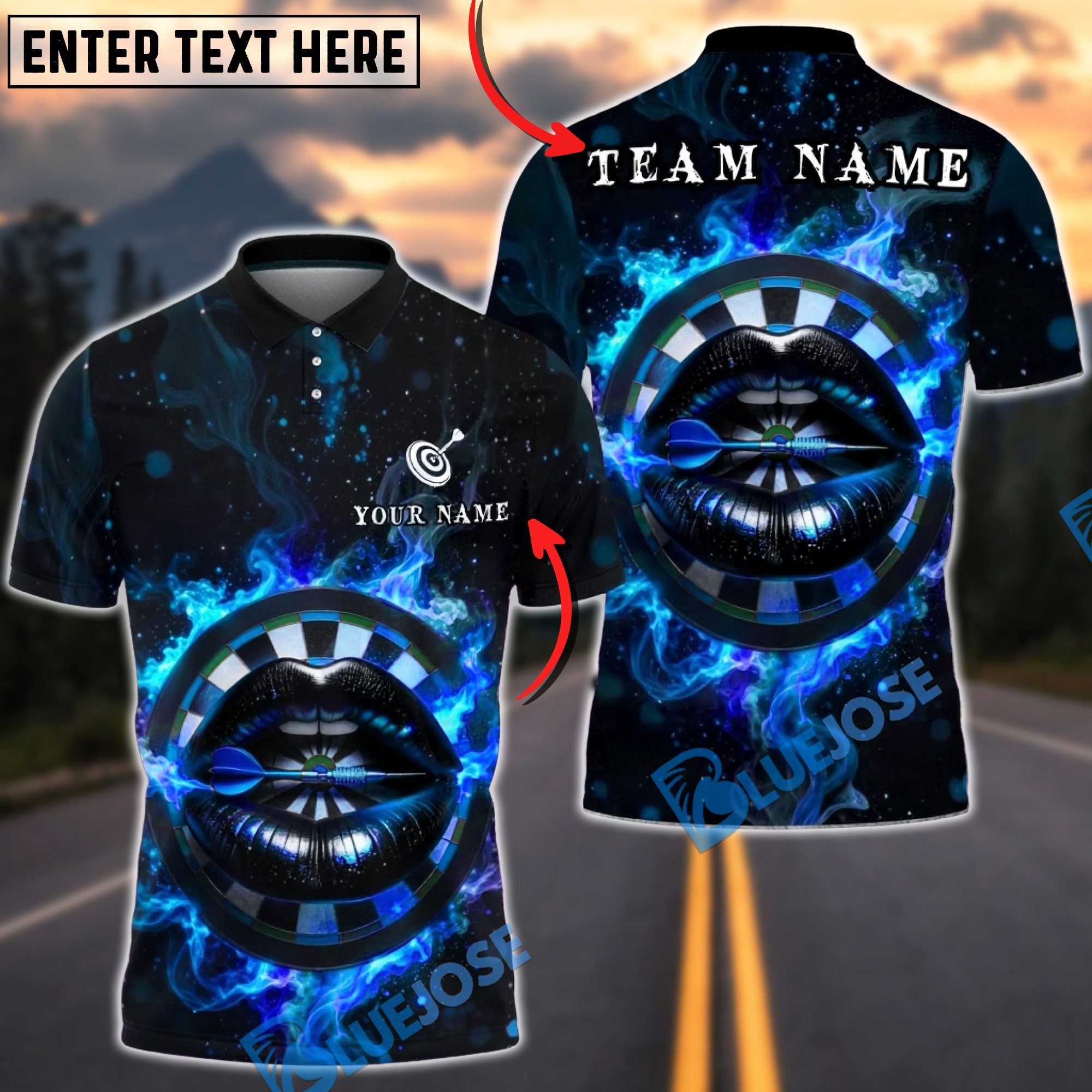 BlueJose Darts Neon Lips Flame Glow Art Personalized Name, Team Name Unisex Shirt (4 Colors)