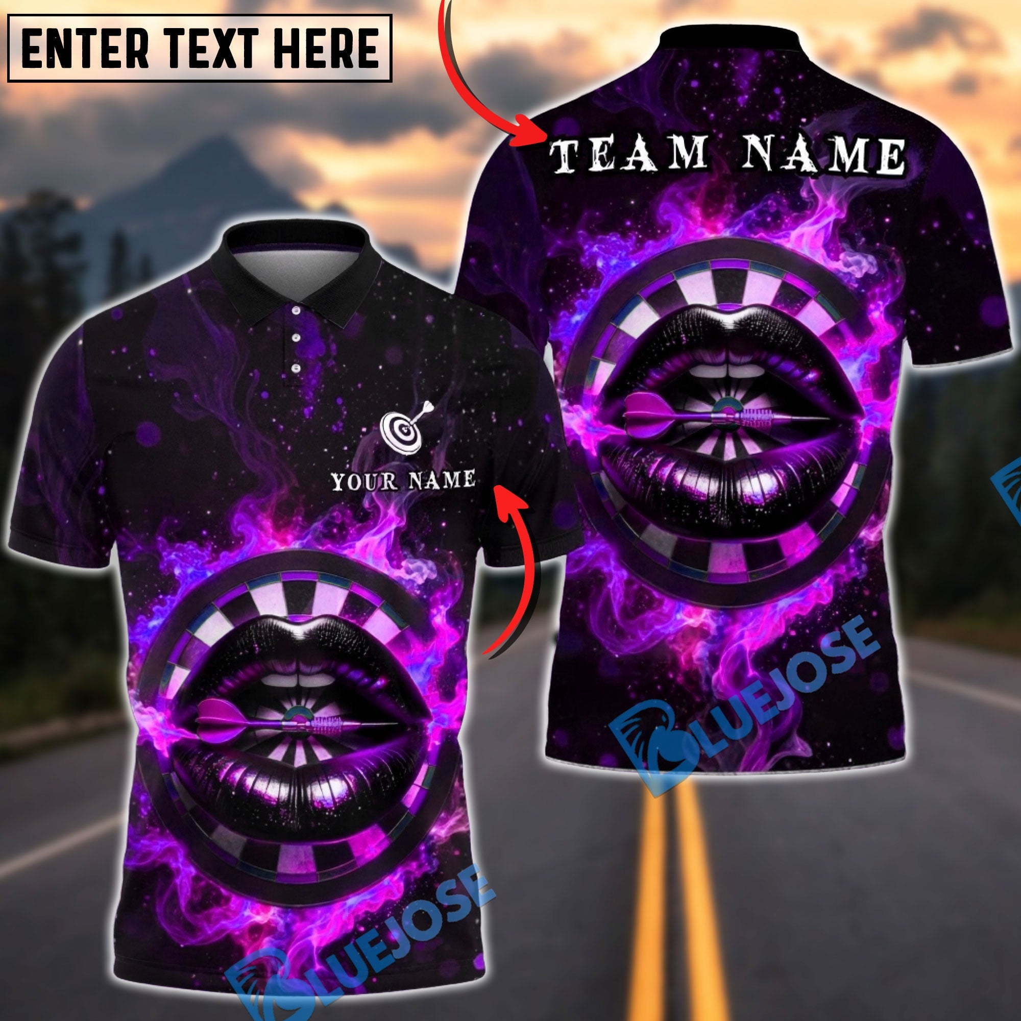 BlueJose Darts Neon Lips Flame Glow Art Personalized Name, Team Name Unisex Shirt (4 Colors)